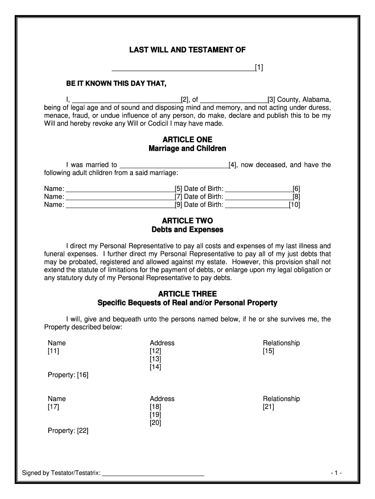 Alabama Last Will And Testament - Fill Online, Printable, Fillable for Printable Alabama Blank Will Forms