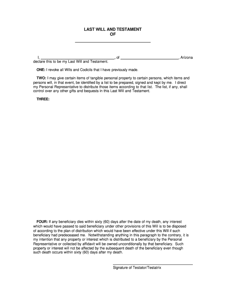 Arizona Last Will Testament - Fill Online, Printable, Fillable throughout Printable Arizona Blank Will Forms