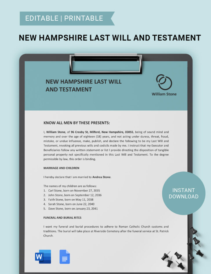 Printable New Hampshire Blank Will Forms