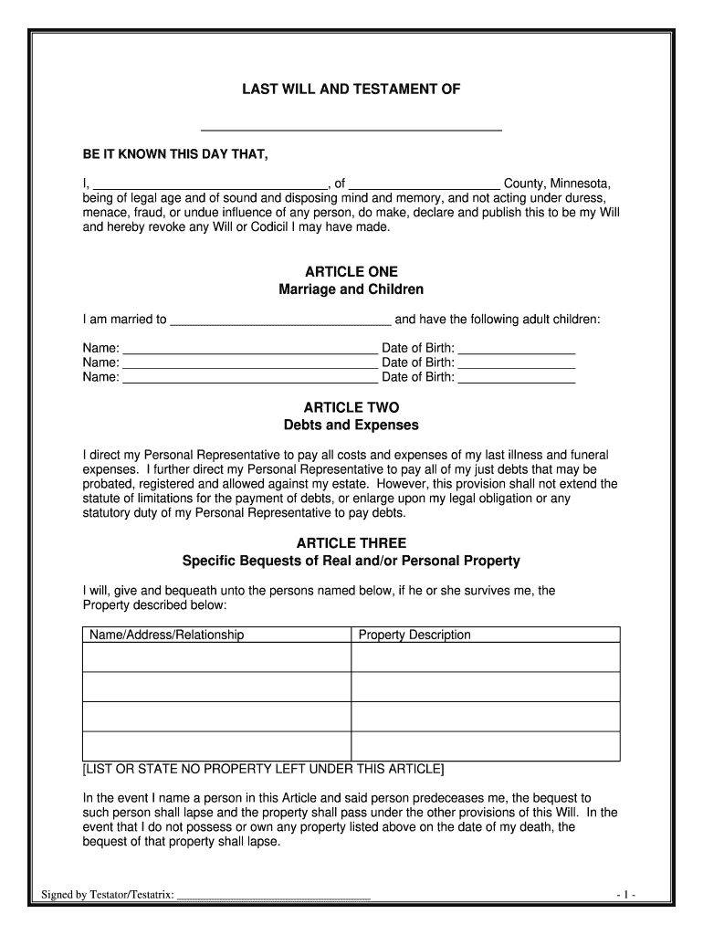 Blank Printable Will Forms - Fill Online, Printable, Fillable with regard to Free Printable Will Forms