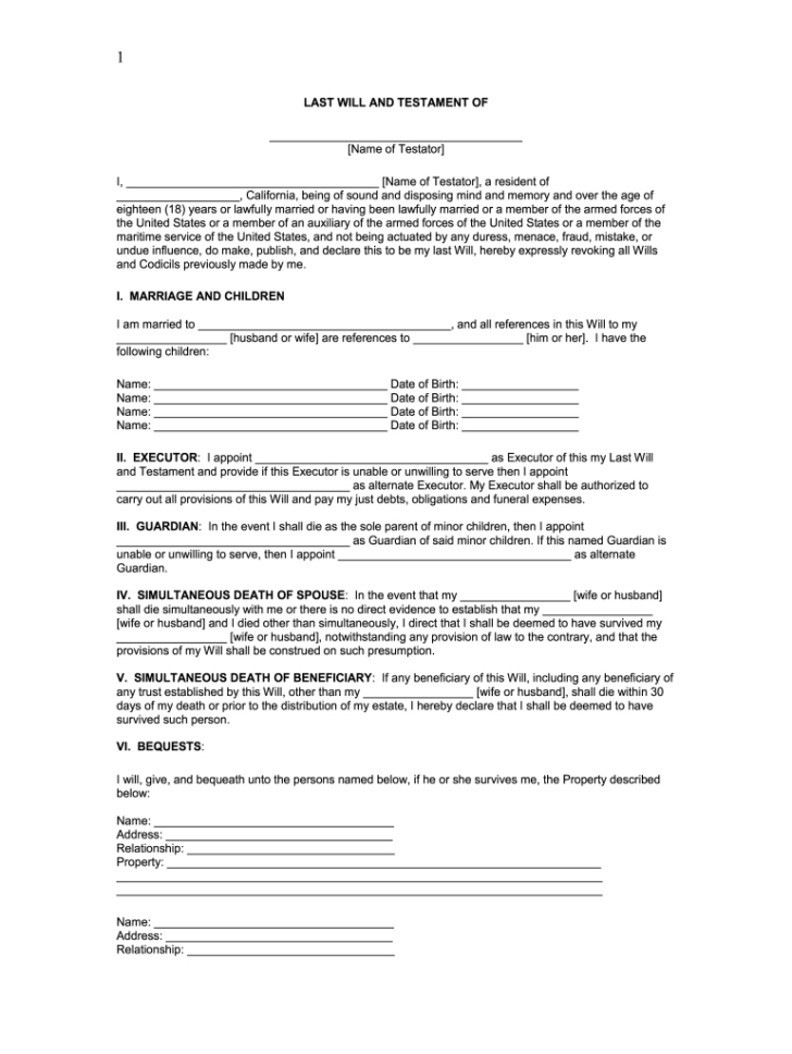 Printable Washington DC Blank Will Forms
