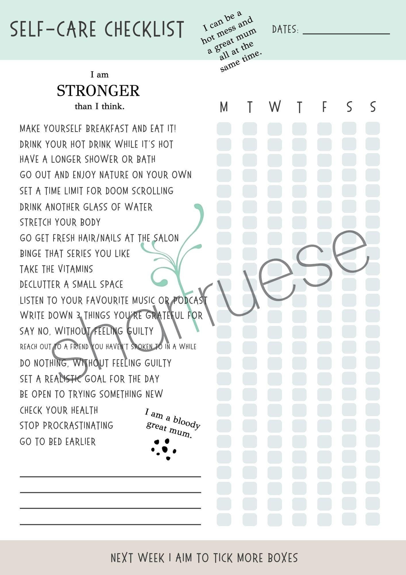 Checkliste Für Wöchentliche Selbstfürsorge // Printable Template // Digitales Produkt // Gewohnheiten Brechen // Gesund Leben // Selbstmotivation // pertaining to Printable Do-It-Yourself Will Kit