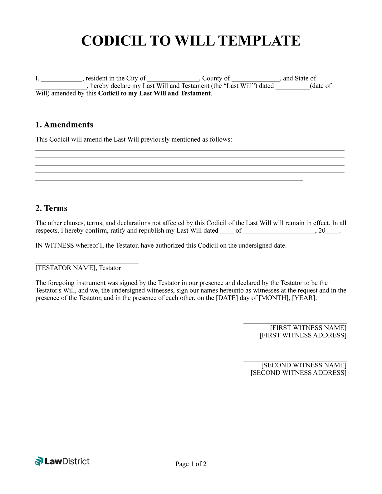 Codicil To Will Form | Free Printble Pdf &amp;amp; Word | Lawdistrict regarding Printable Codicil To Will