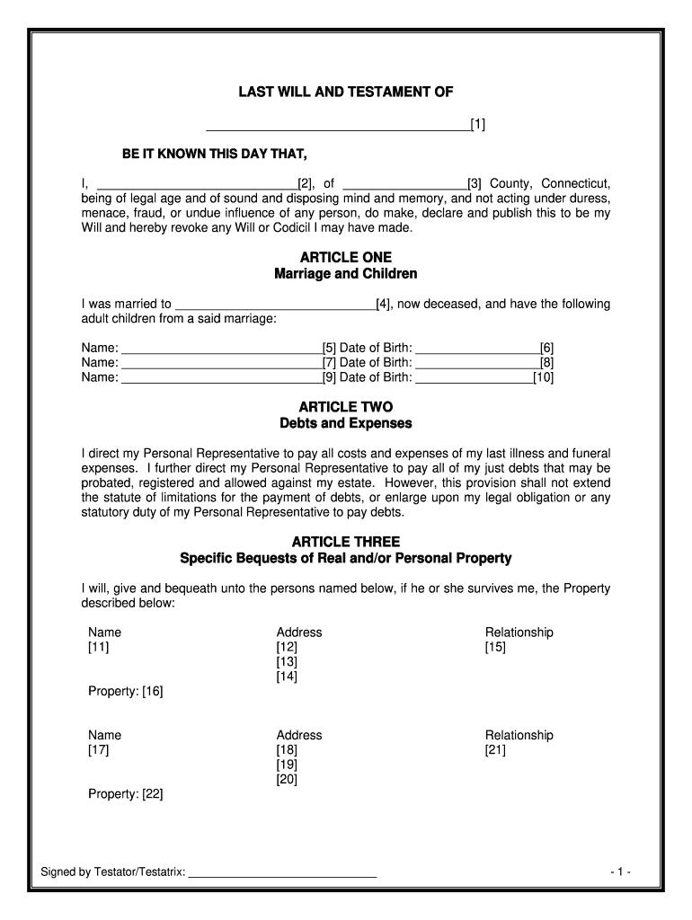 Connecticut Legal Last Will And Testament Form For A Widow Or for Printable Connecticut Blank Will Forms