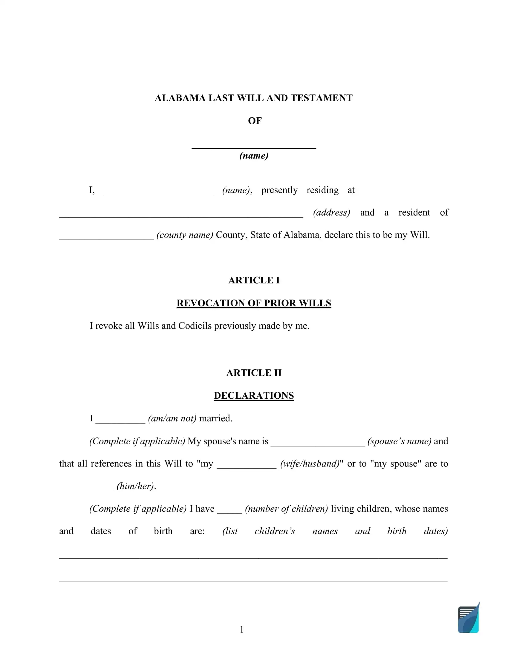 Fillable Alabama Last Will And Testament Form [Free] | Formspal in Printable Alabama Blank Will Forms