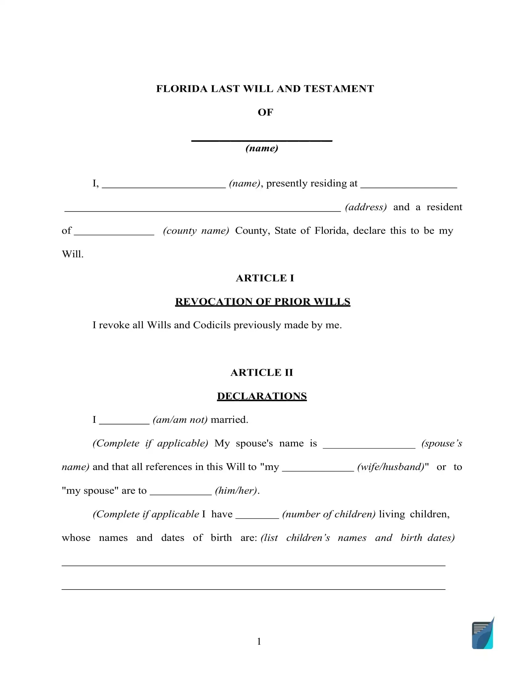 Fillable Florida Last Will And Testament Form [Free] | Formspal with regard to Printable Florida Blank Will Forms