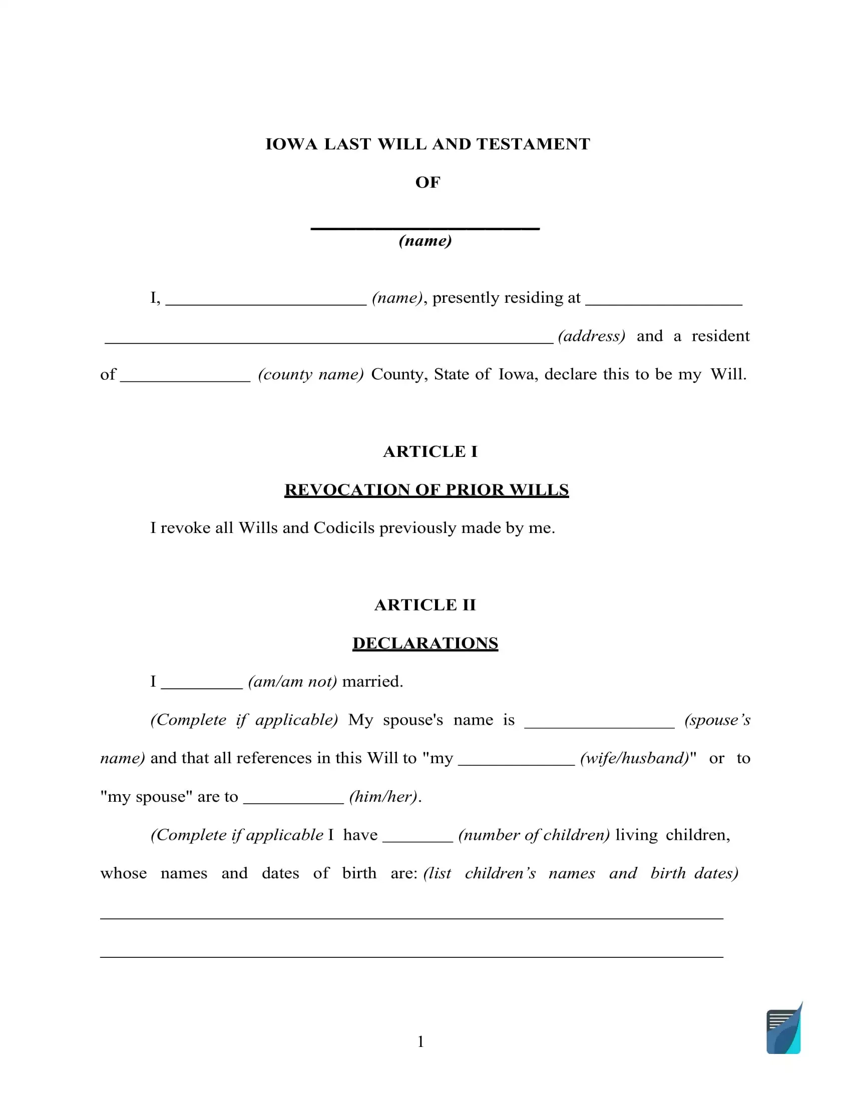 Fillable Iowa Last Will And Testament Form [Free] | Formspal intended for Printable Iowa Blank Will Forms