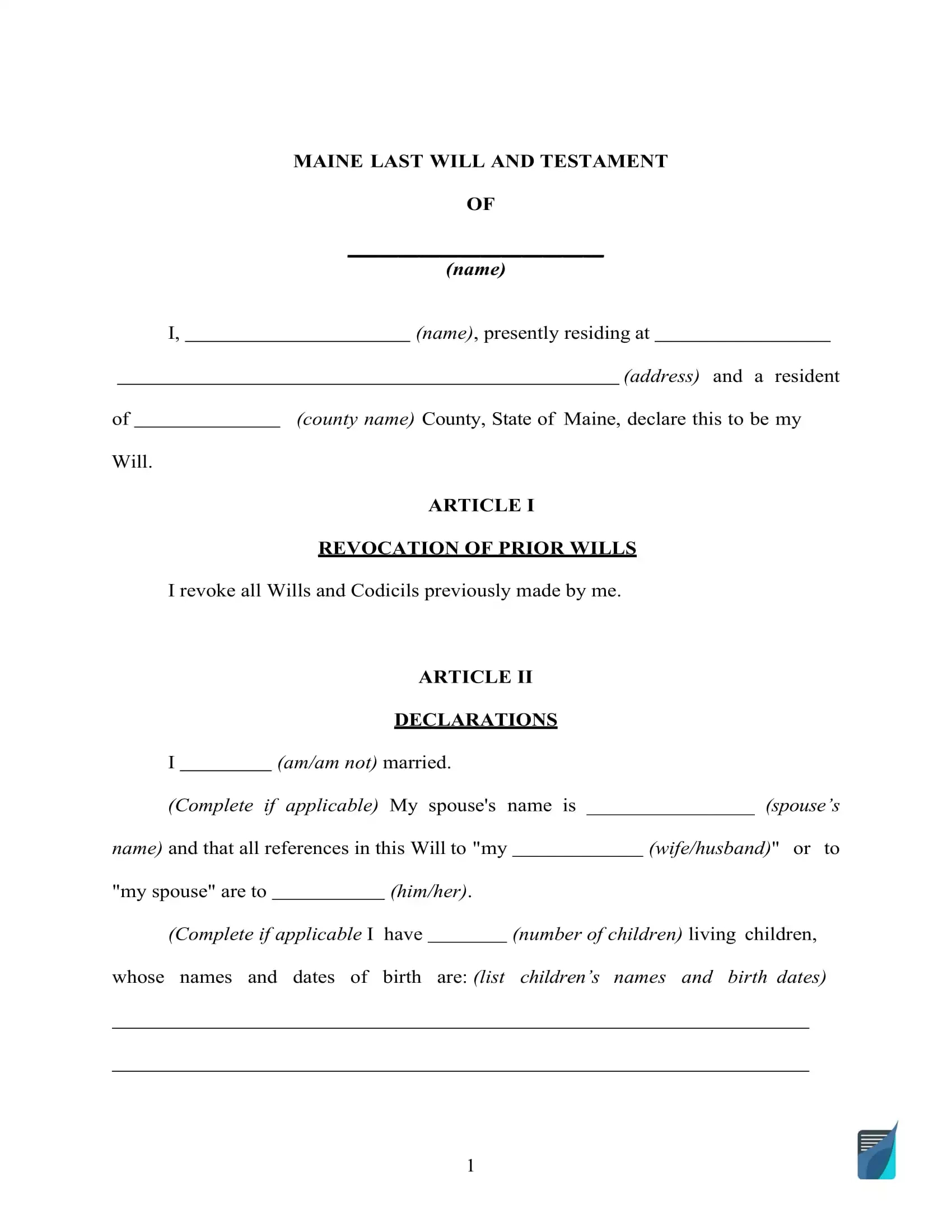 Fillable Maine Last Will And Testament Form [Free] | Formspal for Printable Maine Blank Will Forms