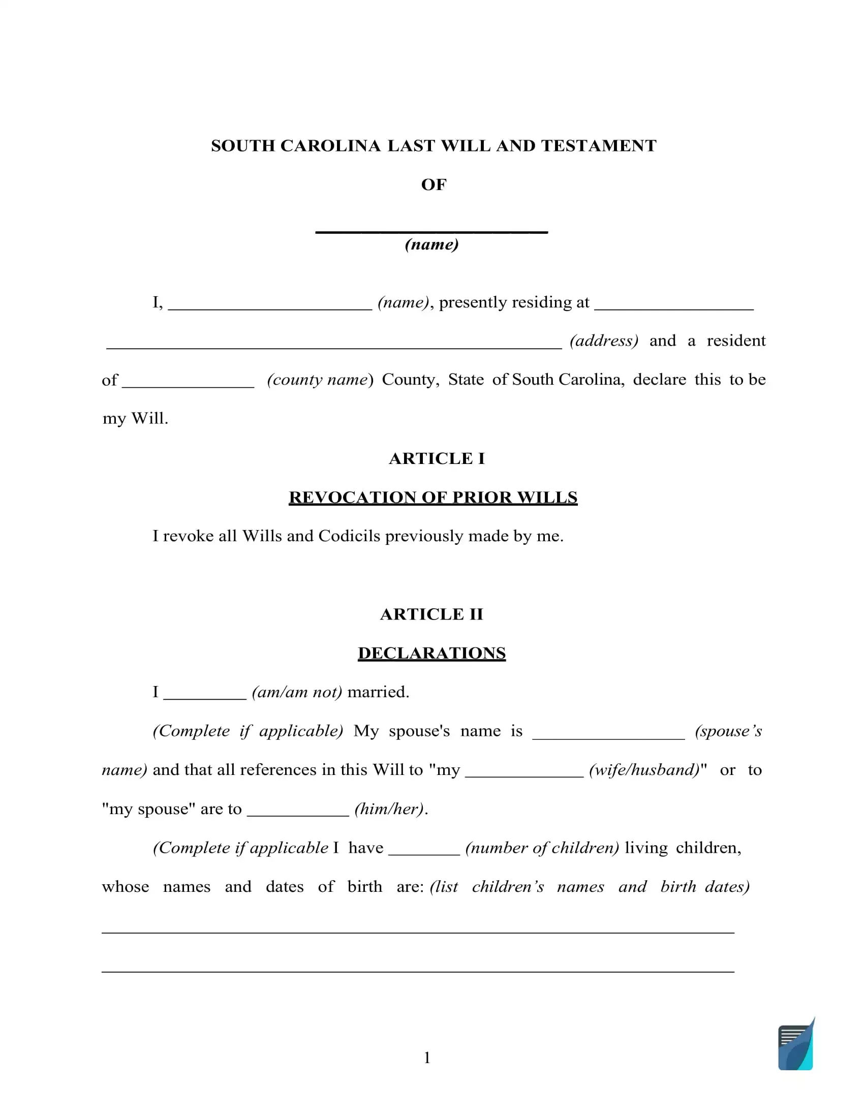 Fillable South Carolina Last Will And Testament Form [Free] | Formspal throughout Printable South Carolina Blank Will Forms