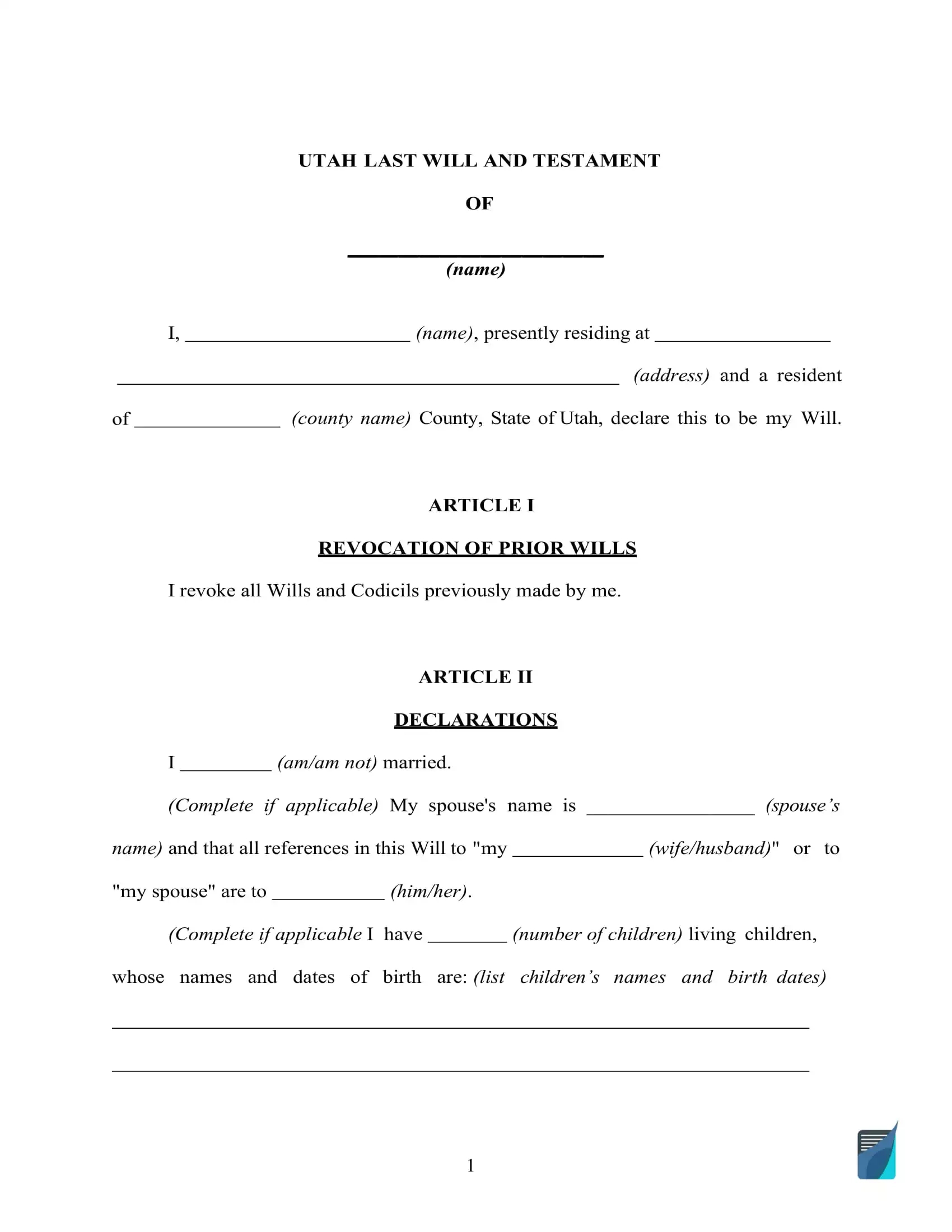 Fillable Utah Last Will And Testament Form [Free] | Formspal for Printable Utah Blank Will Forms