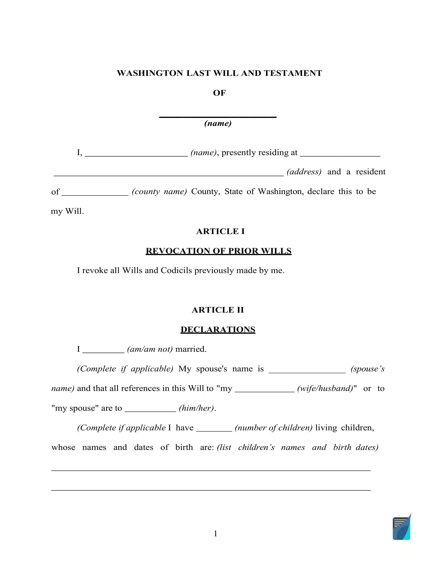 Fillable Washington Last Will And Testament Form [Free] | Formspal in Printable Washington Blank Will Forms