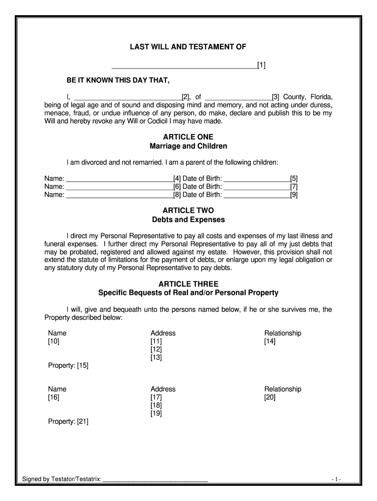 Florida Will Template - Fill Online, Printable, Fillable, Blank throughout Printable Florida Blank Will Forms