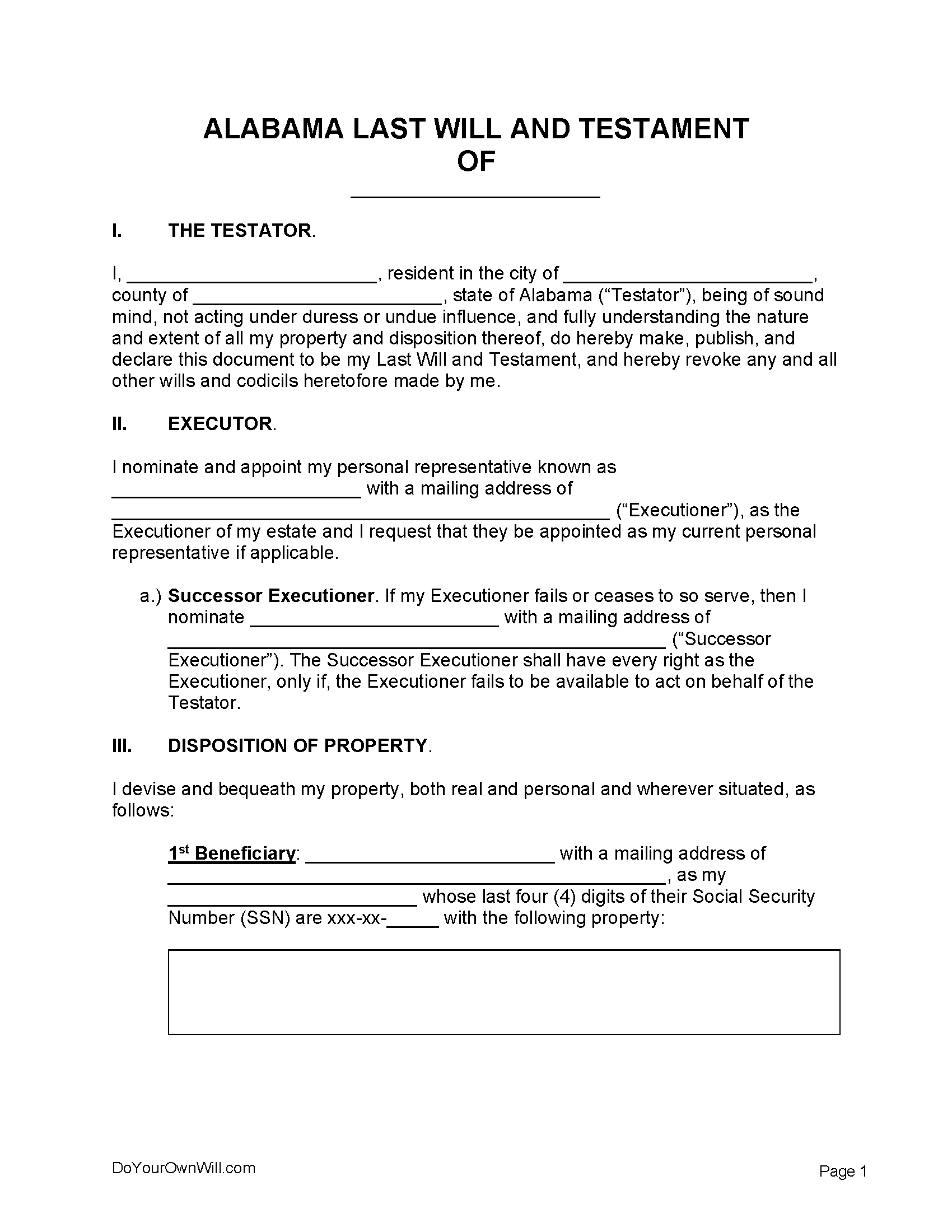 Free Alabama Last Will And Testament Form | Pdf | Word | Odt throughout Printable Alabama Blank Will Forms