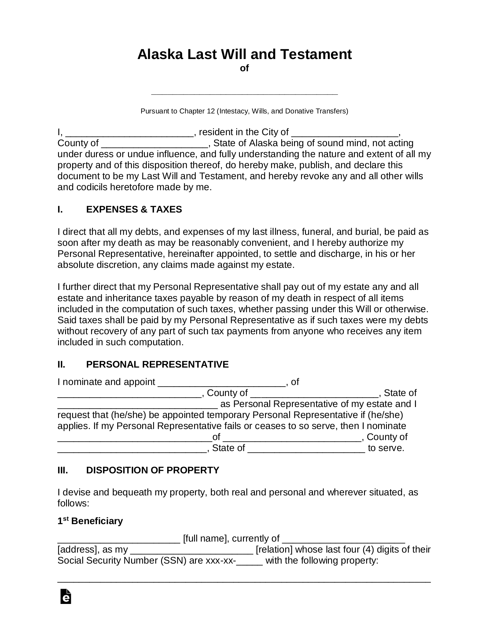 Free Alaska Last Will And Testament Template - Pdf | Word – Eforms regarding Printable Alaska Blank Will Forms