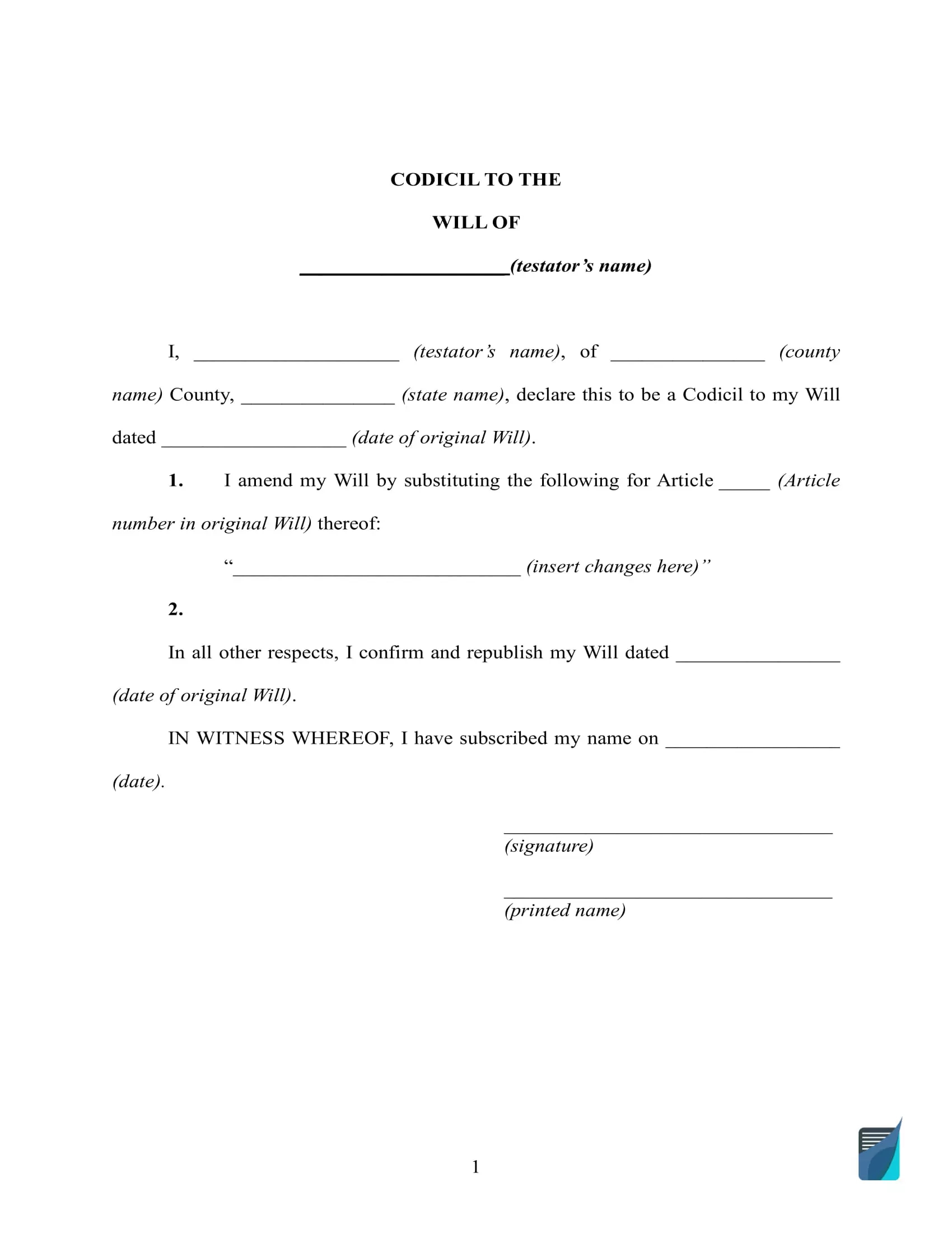 Free Codicil To Will Form ⇒ Printable Codicil Pdf Template in Printable Codicil To Will