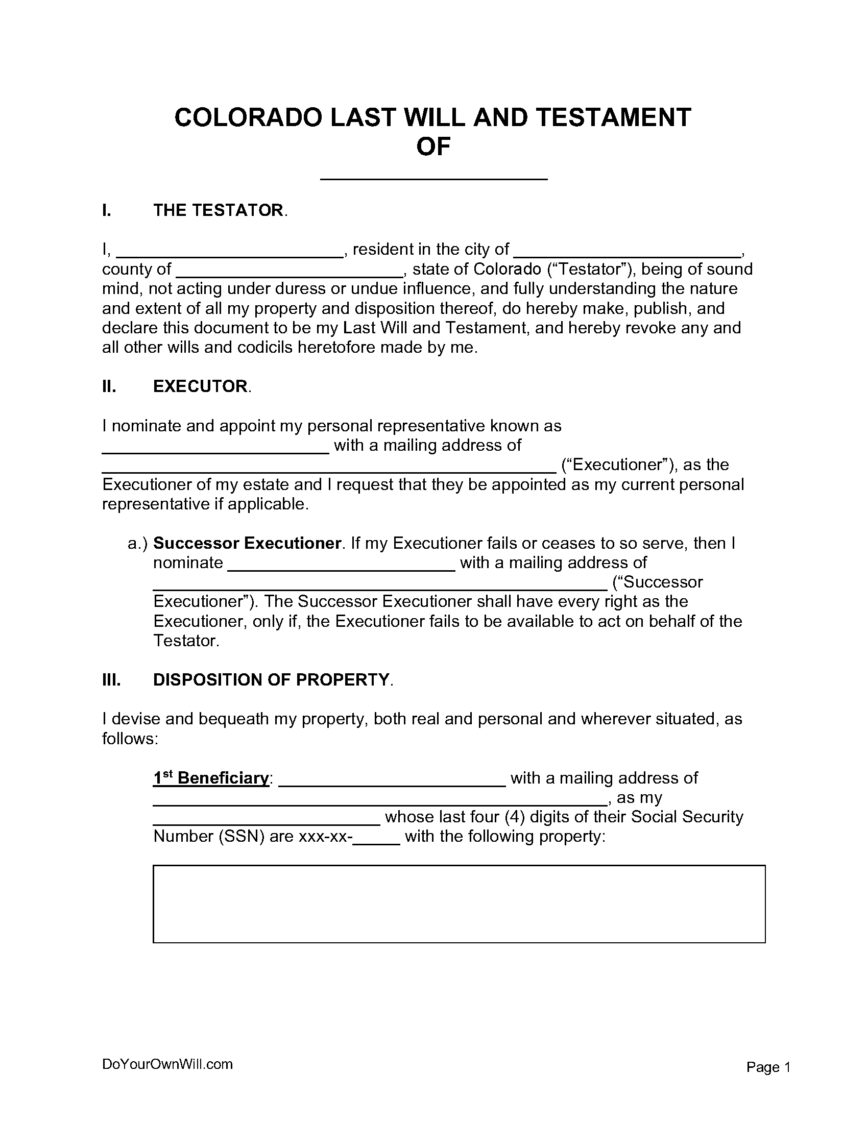 Free Colorado Last Will And Testament Form | Pdf | Word | Odt inside Printable Colorado Blank Will Forms
