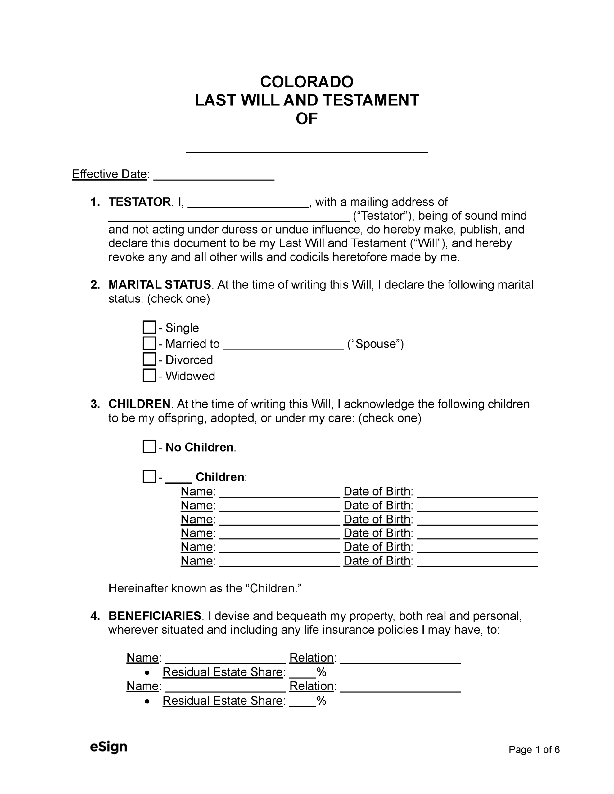 Free Colorado Last Will And Testament Template | Pdf | Word for Printable Colorado Blank Will Forms
