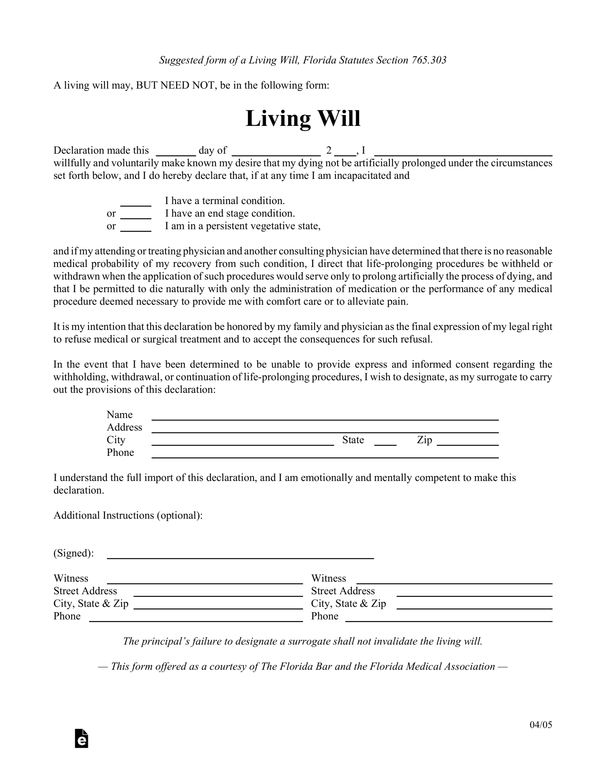 Free Florida Living Will Form Template - Pdf – Eforms within Printable Living Will Forms