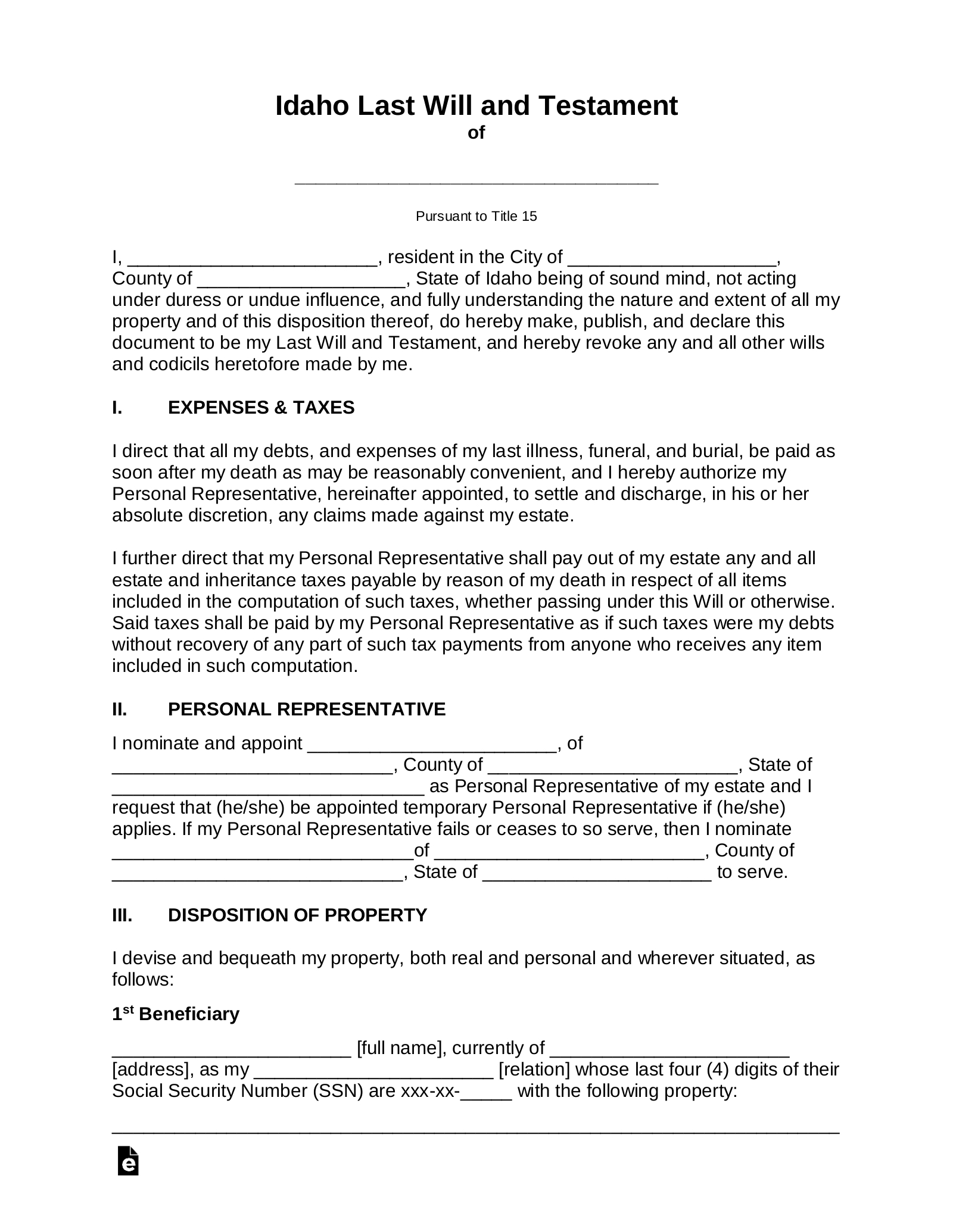Free Idaho Last Will And Testament Template - Pdf | Word – Eforms with regard to Printable Idaho Blank Will Forms