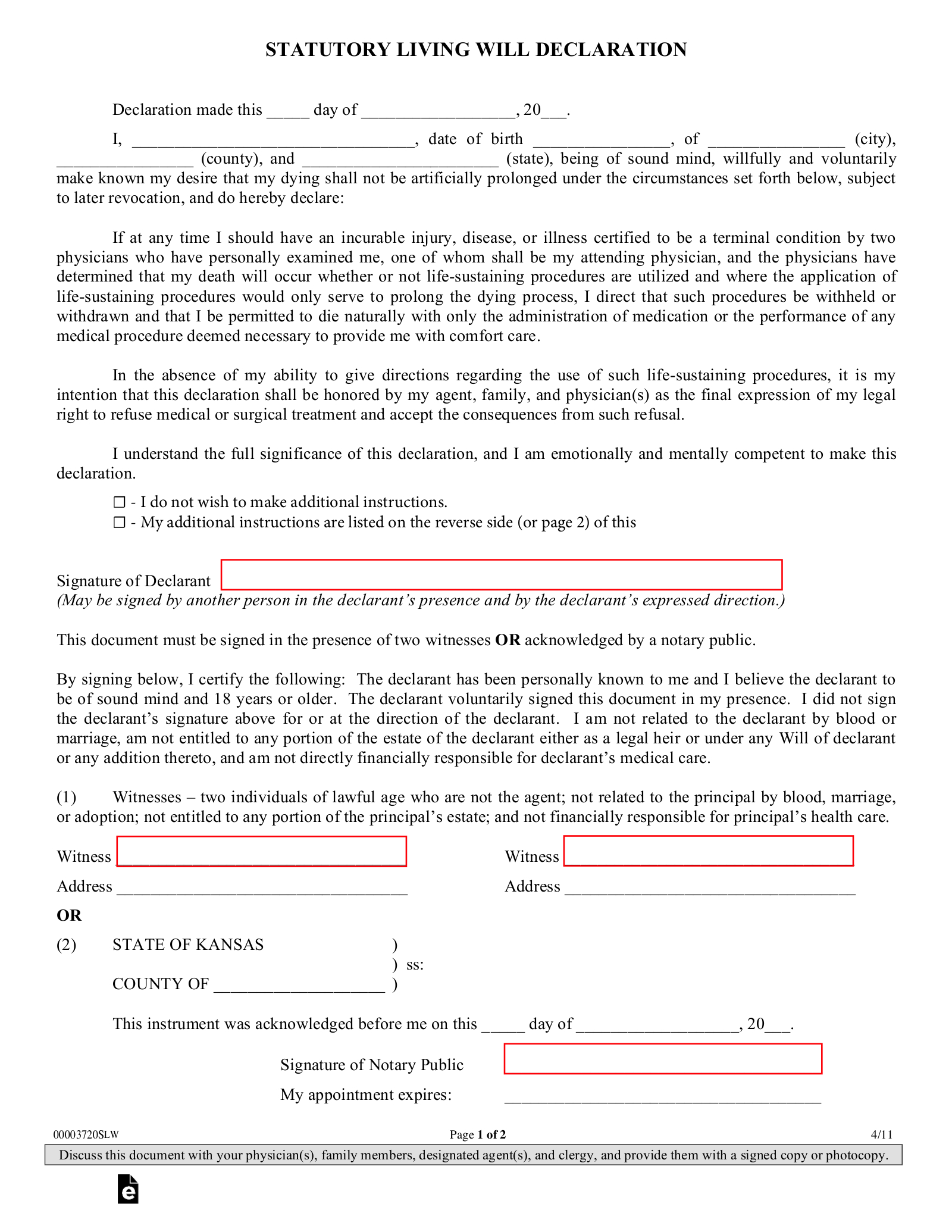 Free Kansas Living Will Declaration Template - Pdf – Eforms pertaining to Printable Kansas Blank Will Forms