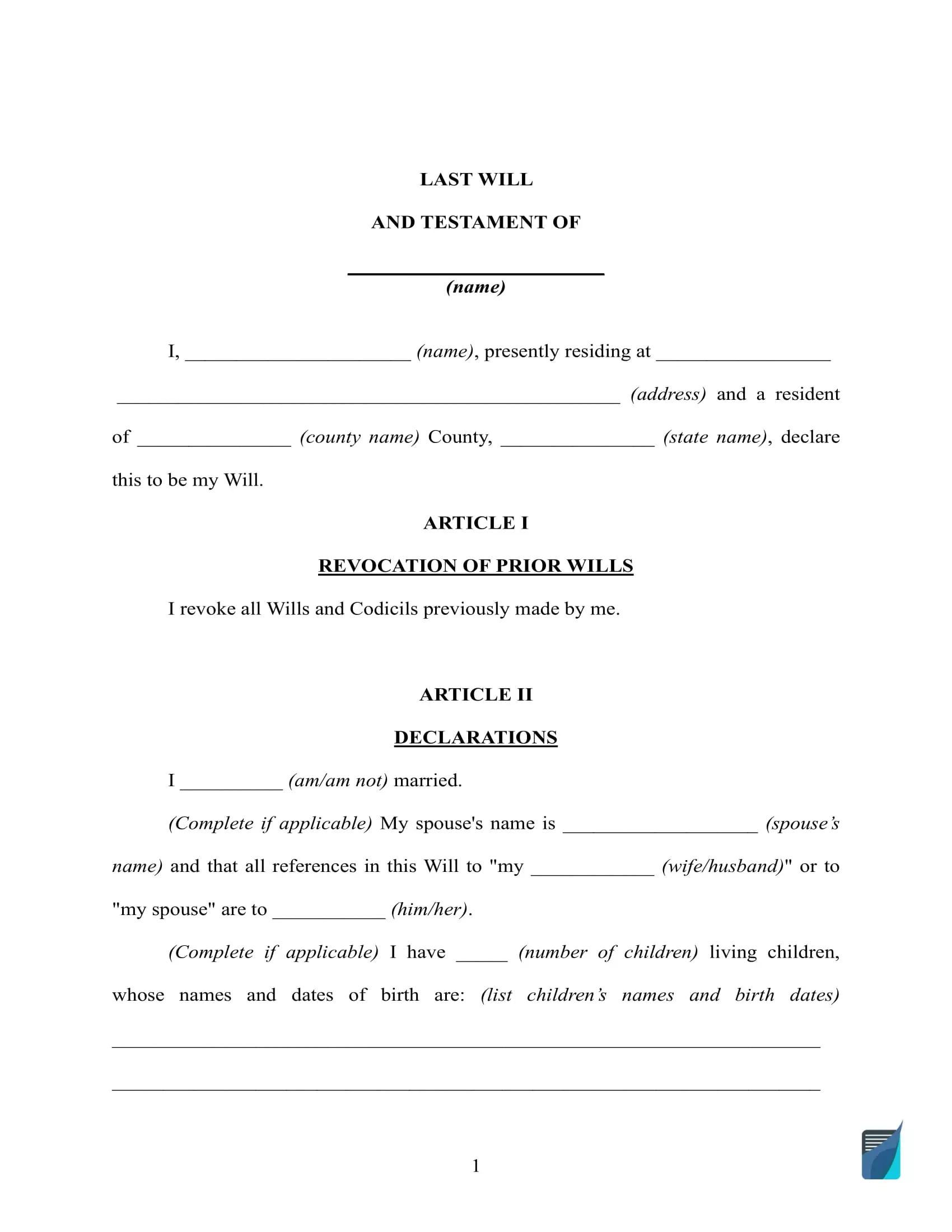 Free Last Will And Testament Template ⇒ Will Forms In Pdf And Doc within Free Printable Will Forms