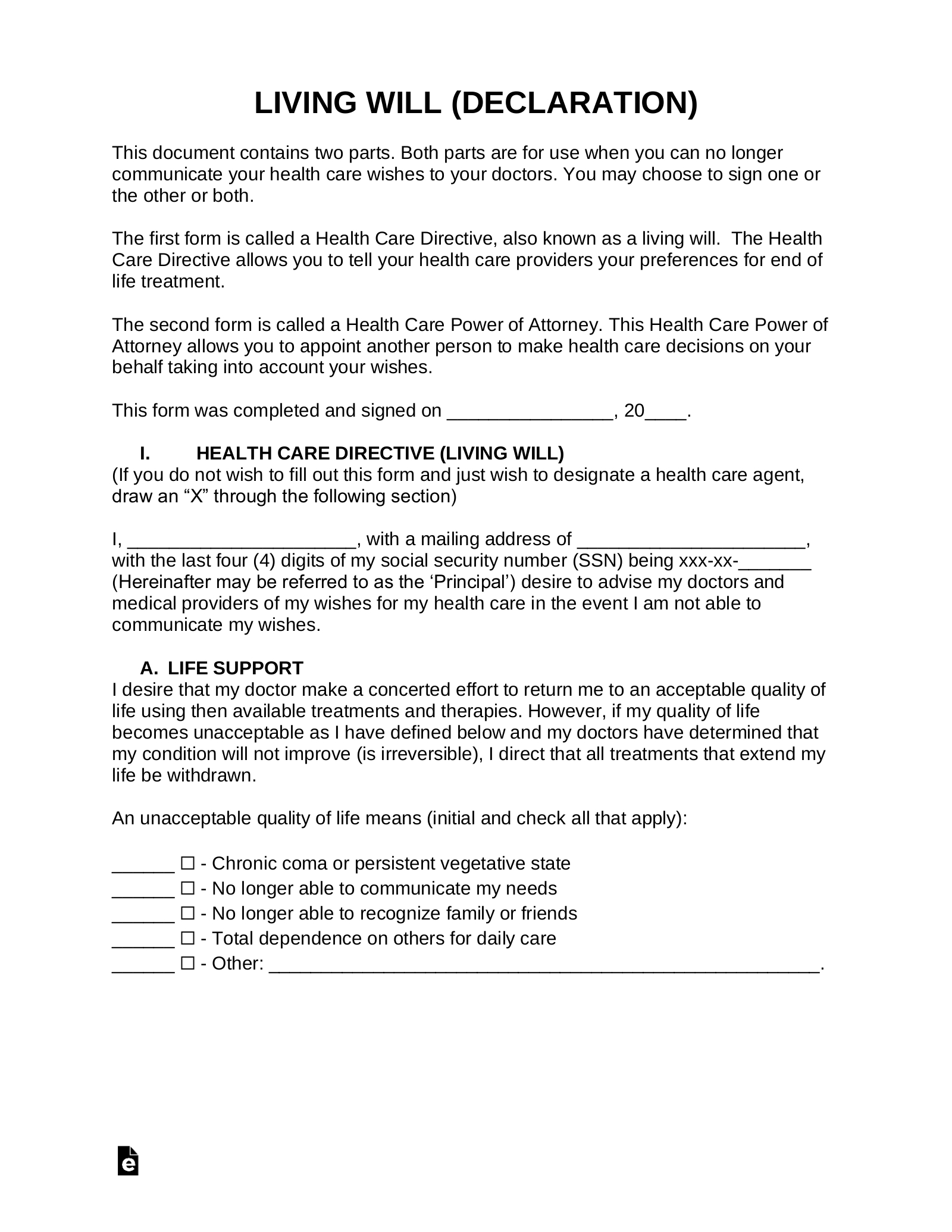 Free Living Will Form (Health Care Directive) - Pdf | Word – Eforms with regard to Printable Living Will Forms