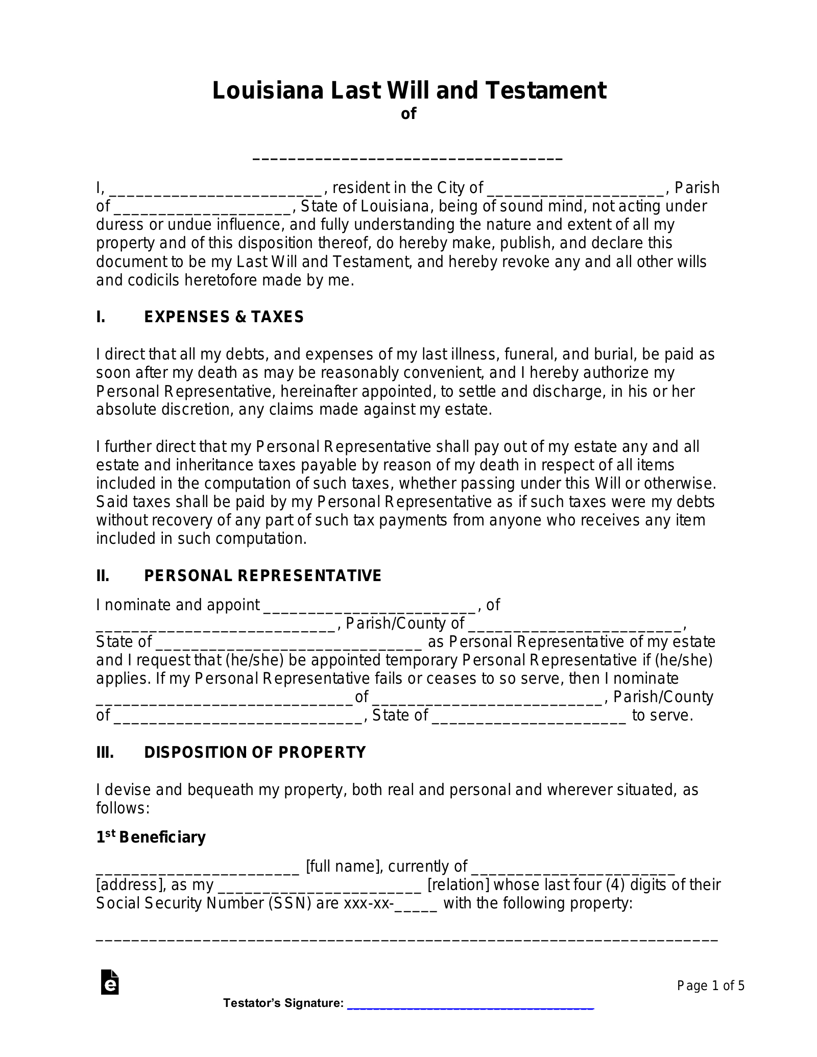 Free Louisiana Last Will And Testament Template - Pdf | Word – Eforms throughout Printable Louisiana Blank Will Forms