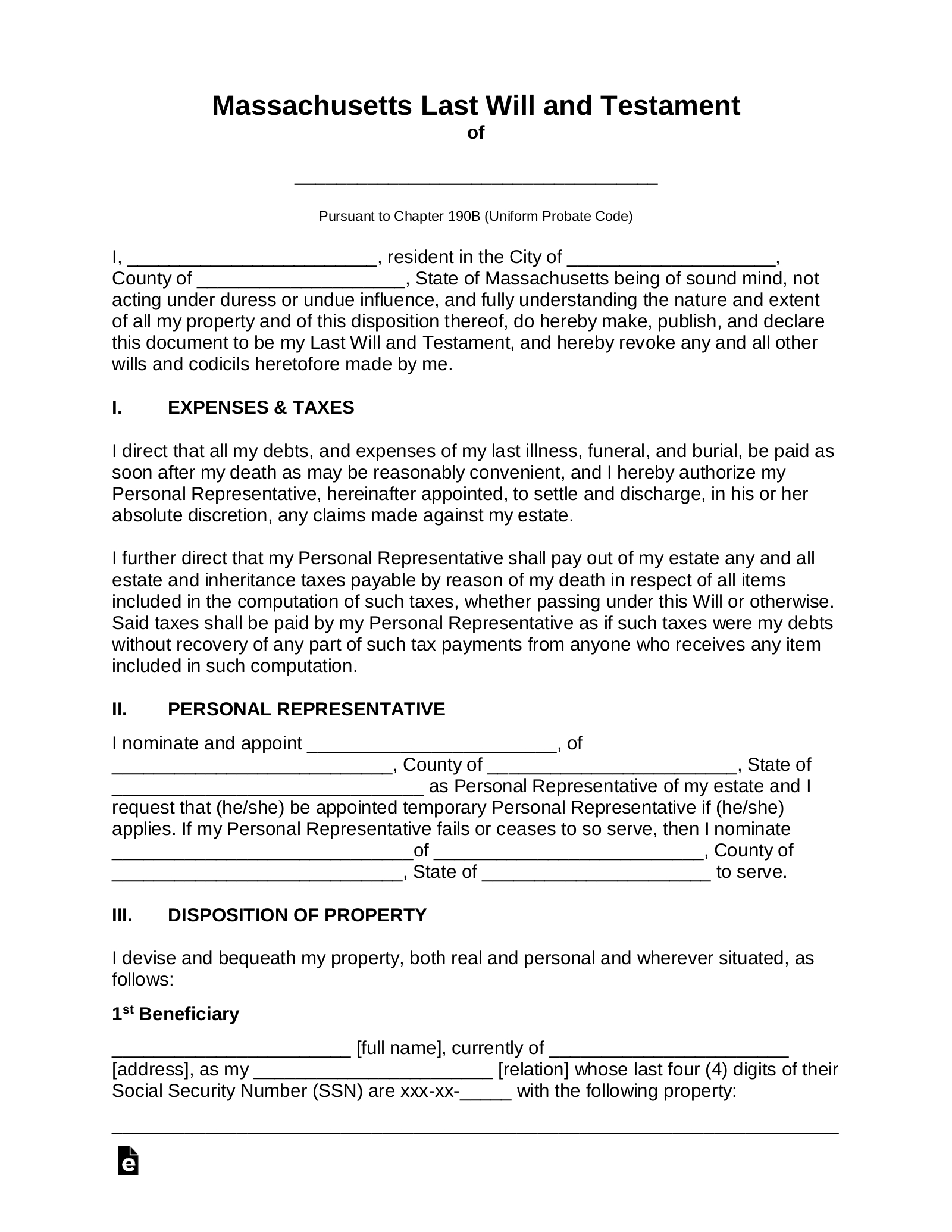 Free Massachusetts Last Will And Testament Template - Pdf | Word inside Printable Massachusetts Blank Will Forms