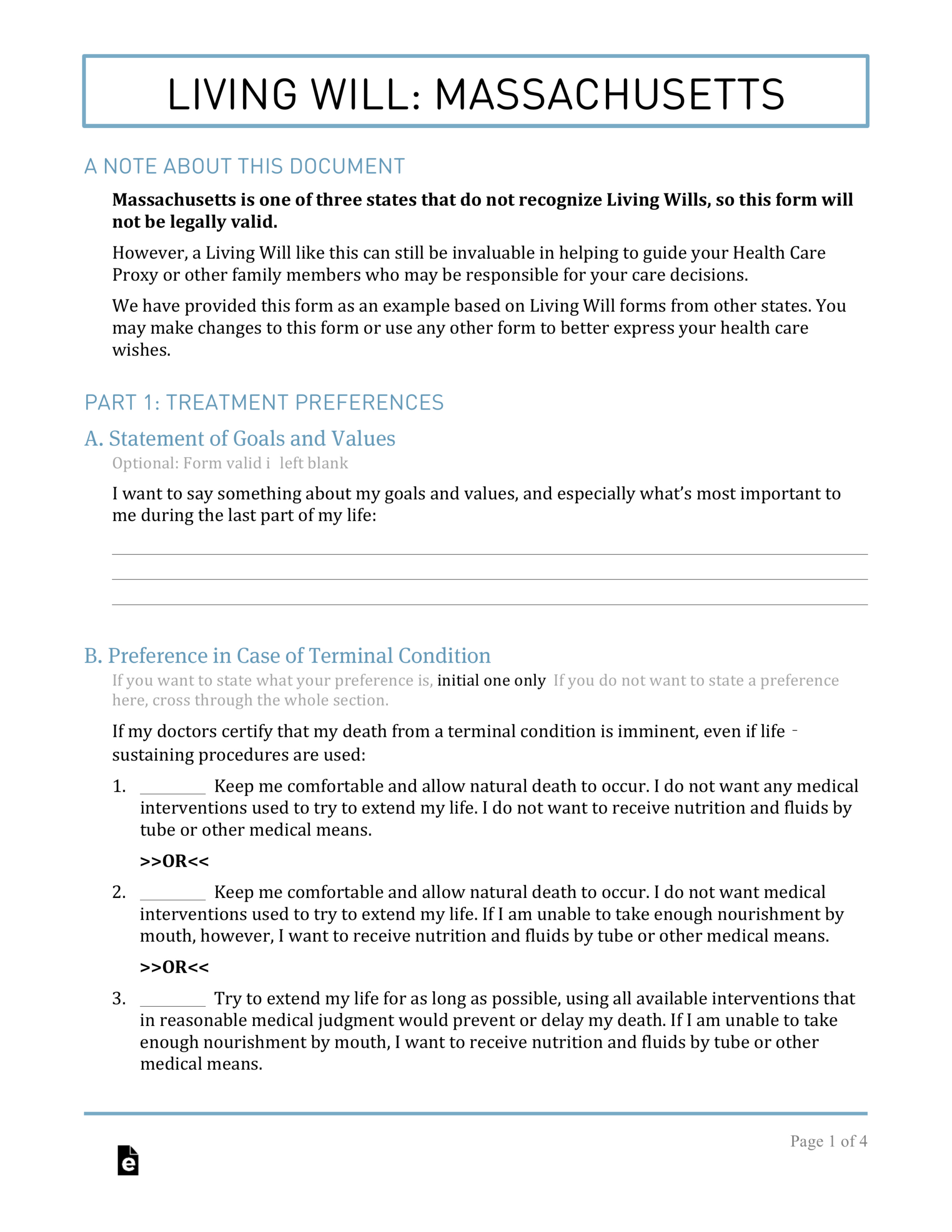 Free Massachusetts Living Will Form Template - Pdf – Eforms in Printable Massachusetts Blank Will Forms
