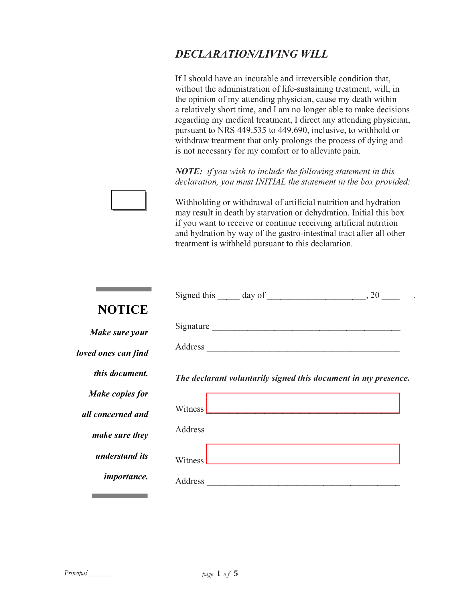 Free Nevada Living Will Form Template - Pdf – Eforms with regard to Printable Nevada Blank Will Forms
