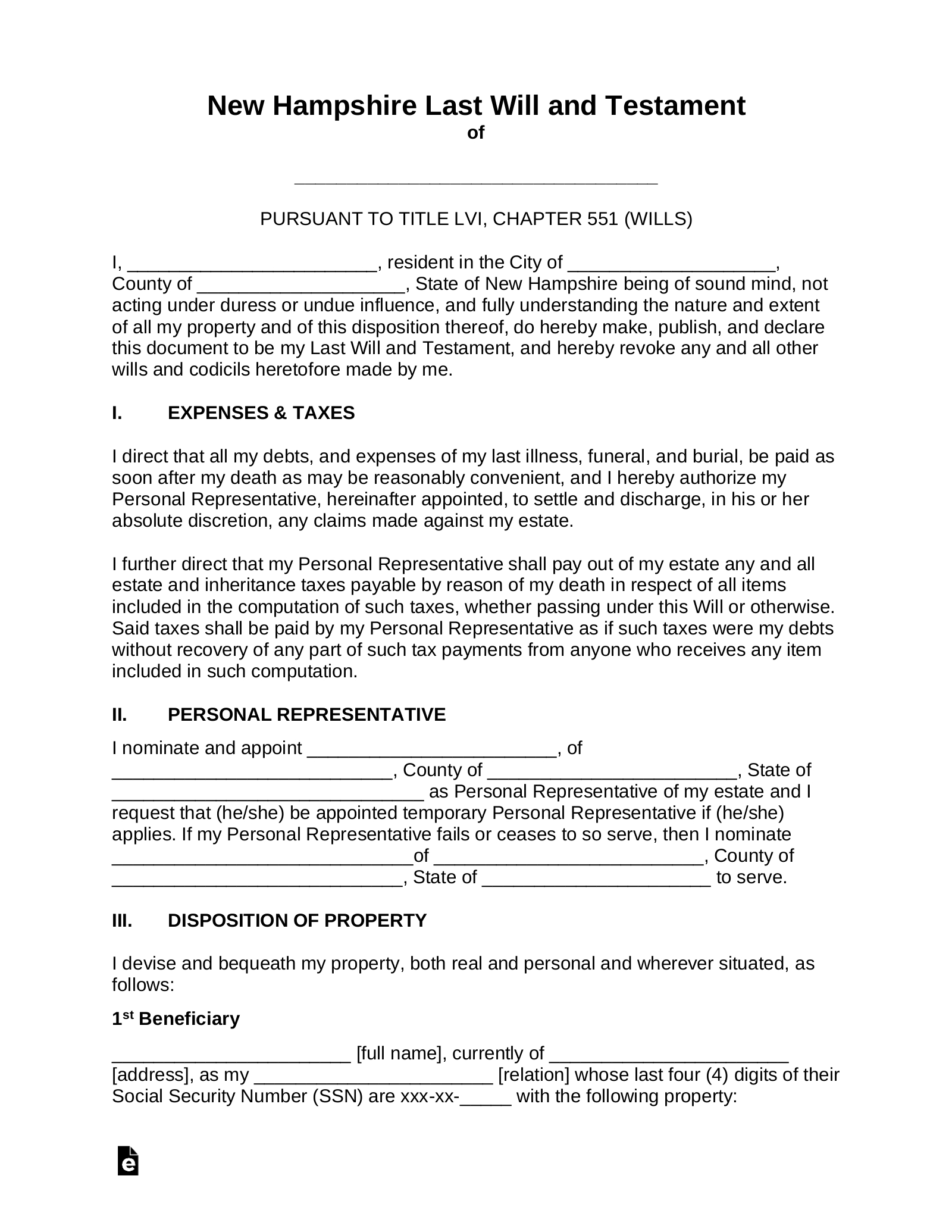 Free New Hampshire Last Will And Testament Template - Pdf | Word regarding Printable New Hampshire Blank Will Forms