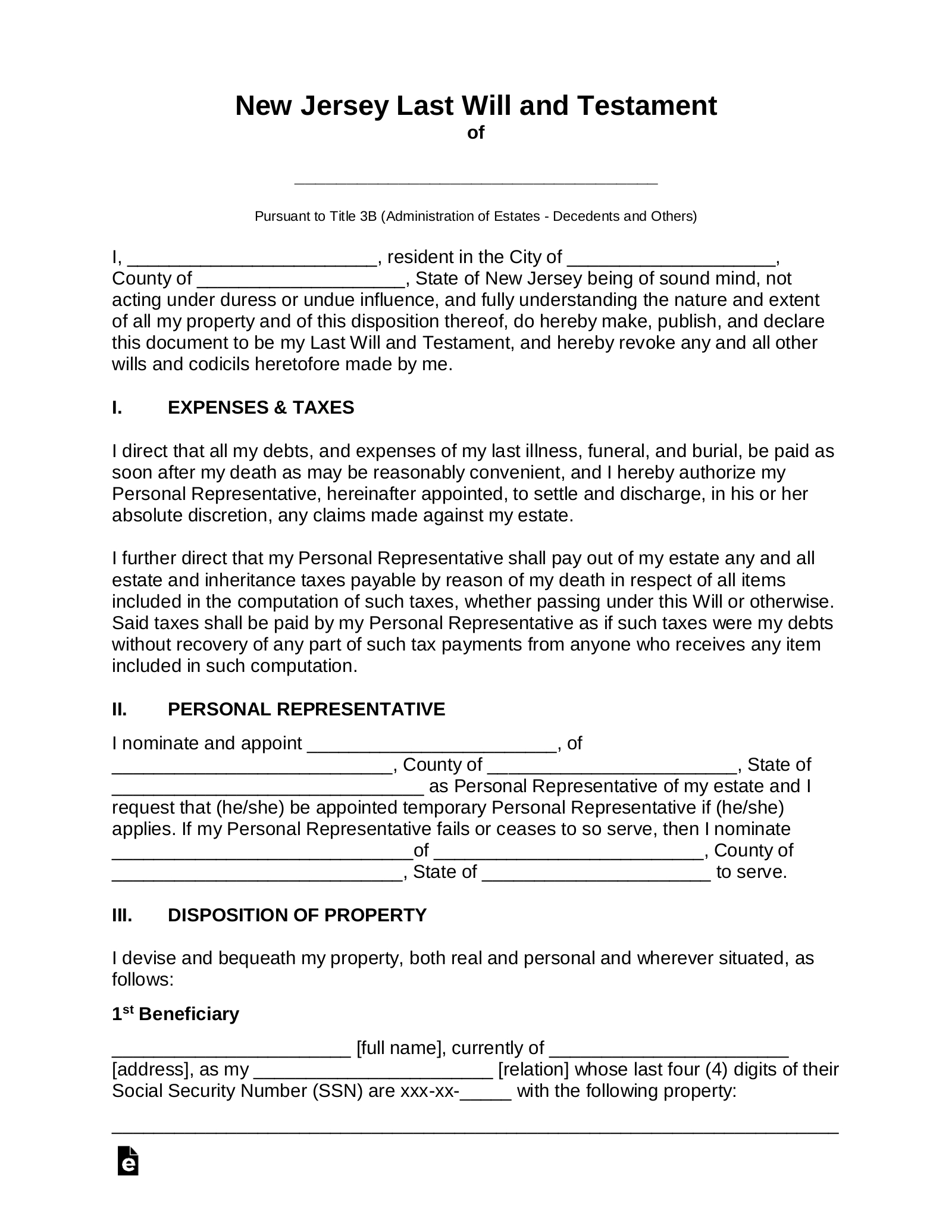 Free New Jersey Last Will And Testament Template - Pdf | Word – Eforms with Printable New Jersey Blank Will Forms