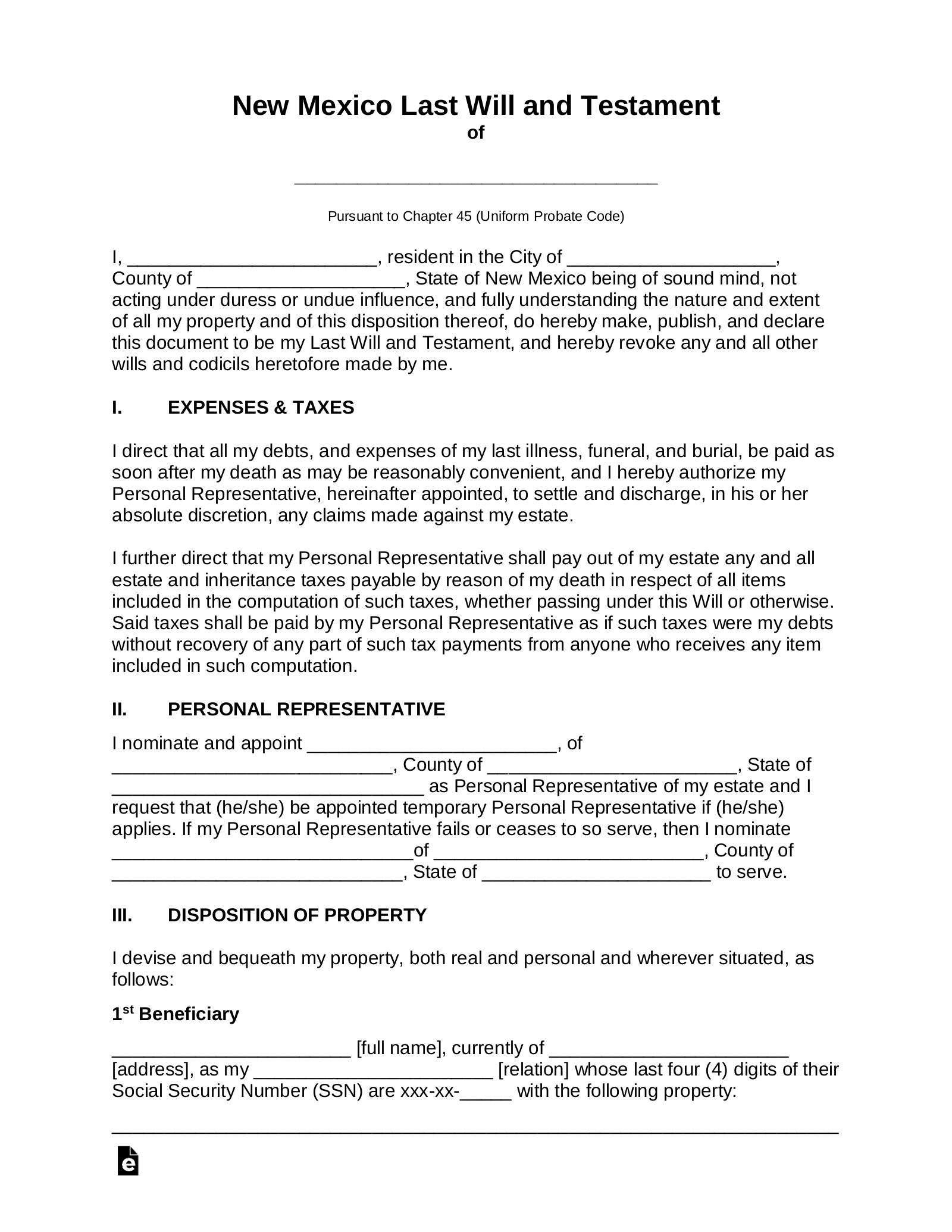 Free New Mexico Last Will And Testament Template - Pdf | Word – Eforms throughout Printable New Mexico Blank Will Forms