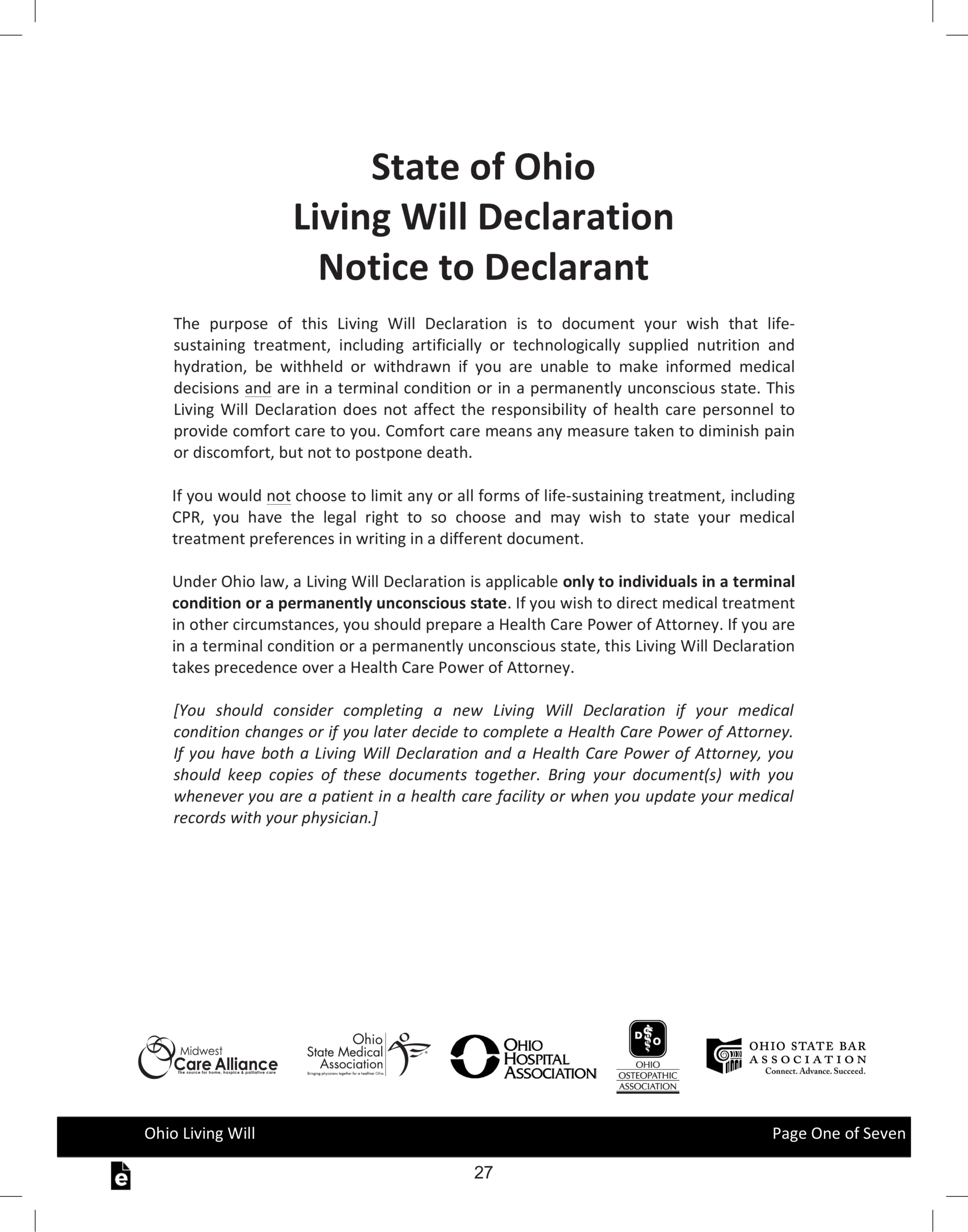 Free Ohio Living Will Form | Declaration Template - Pdf – Eforms within Printable Ohio Blank Will Forms