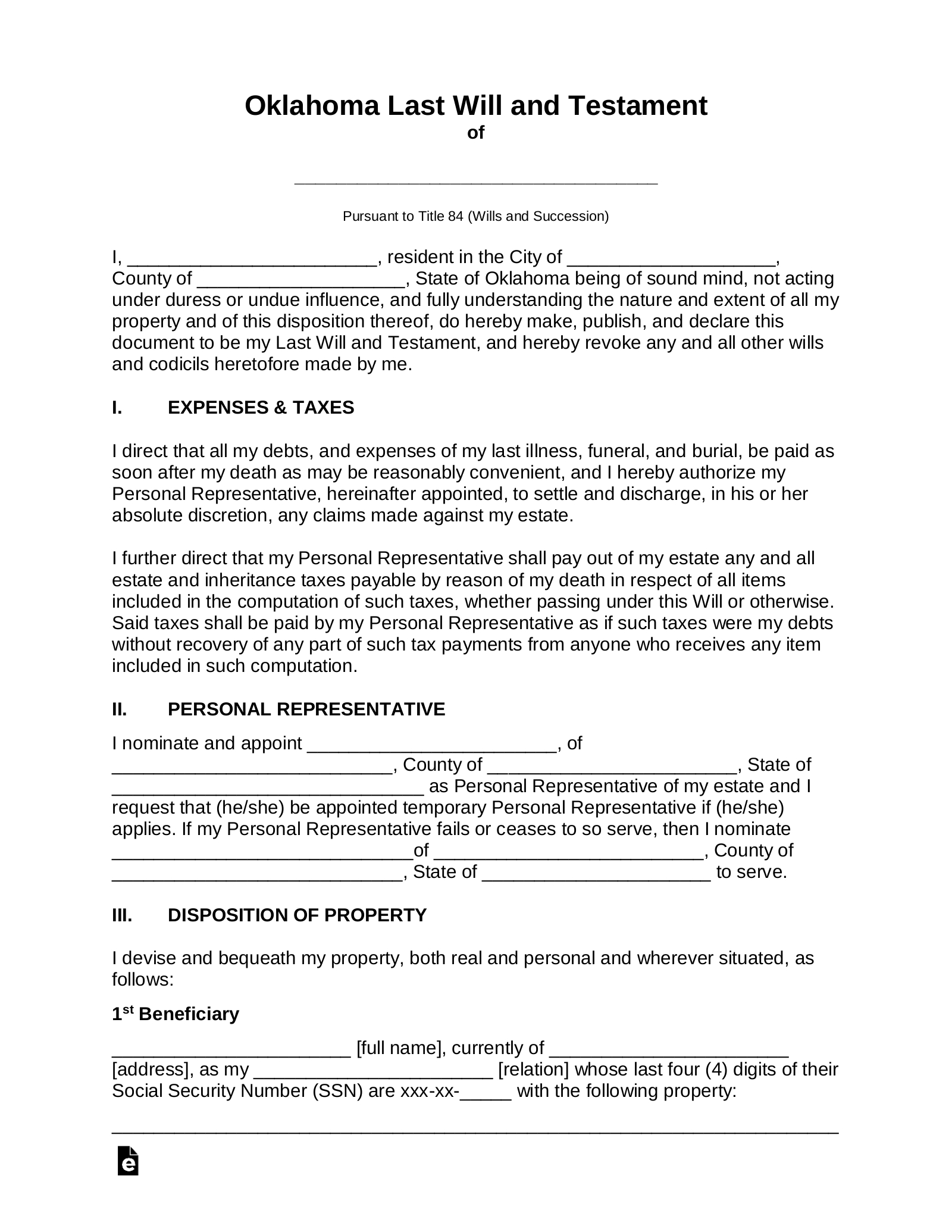 Free Oklahoma Last Will And Testament Template - Pdf | Word – Eforms in Printable Oklahoma Blank Will Forms