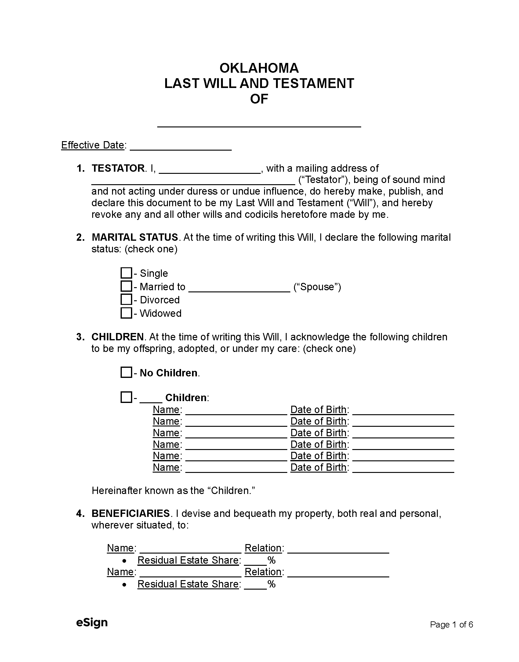 Free Oklahoma Last Will And Testament Template | Pdf | Word inside Printable Oklahoma Blank Will Forms