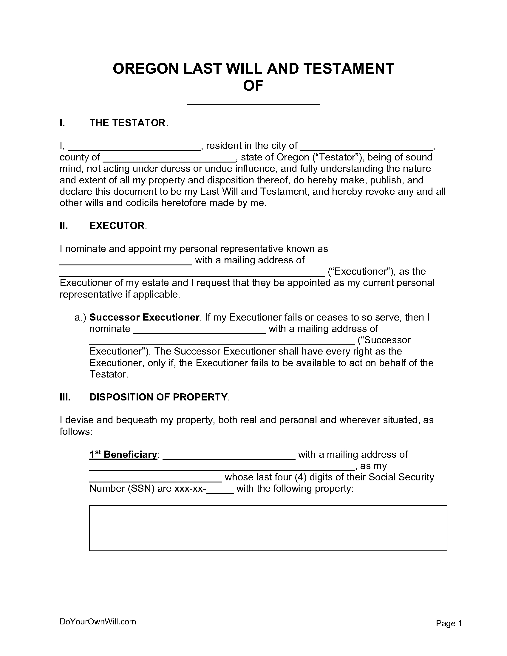 Free Oregon Last Will And Testament Form | Pdf | Word | Odt intended for Printable Oregon Blank Will Forms
