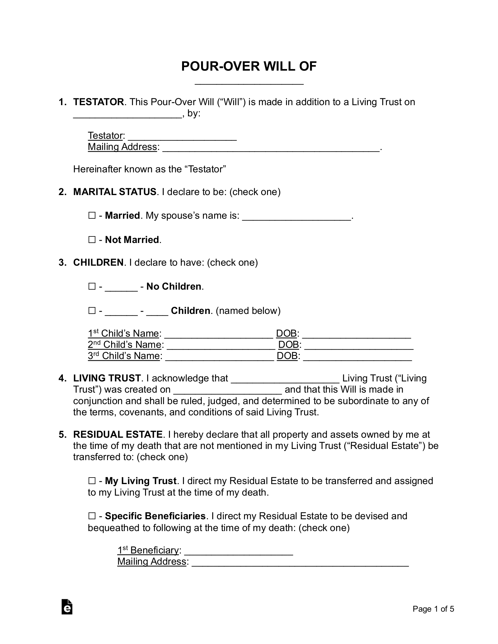 Free Pour-Over Will Form (For A Living Trust) - Pdf | Word – Eforms within Printable Pour Over Wills