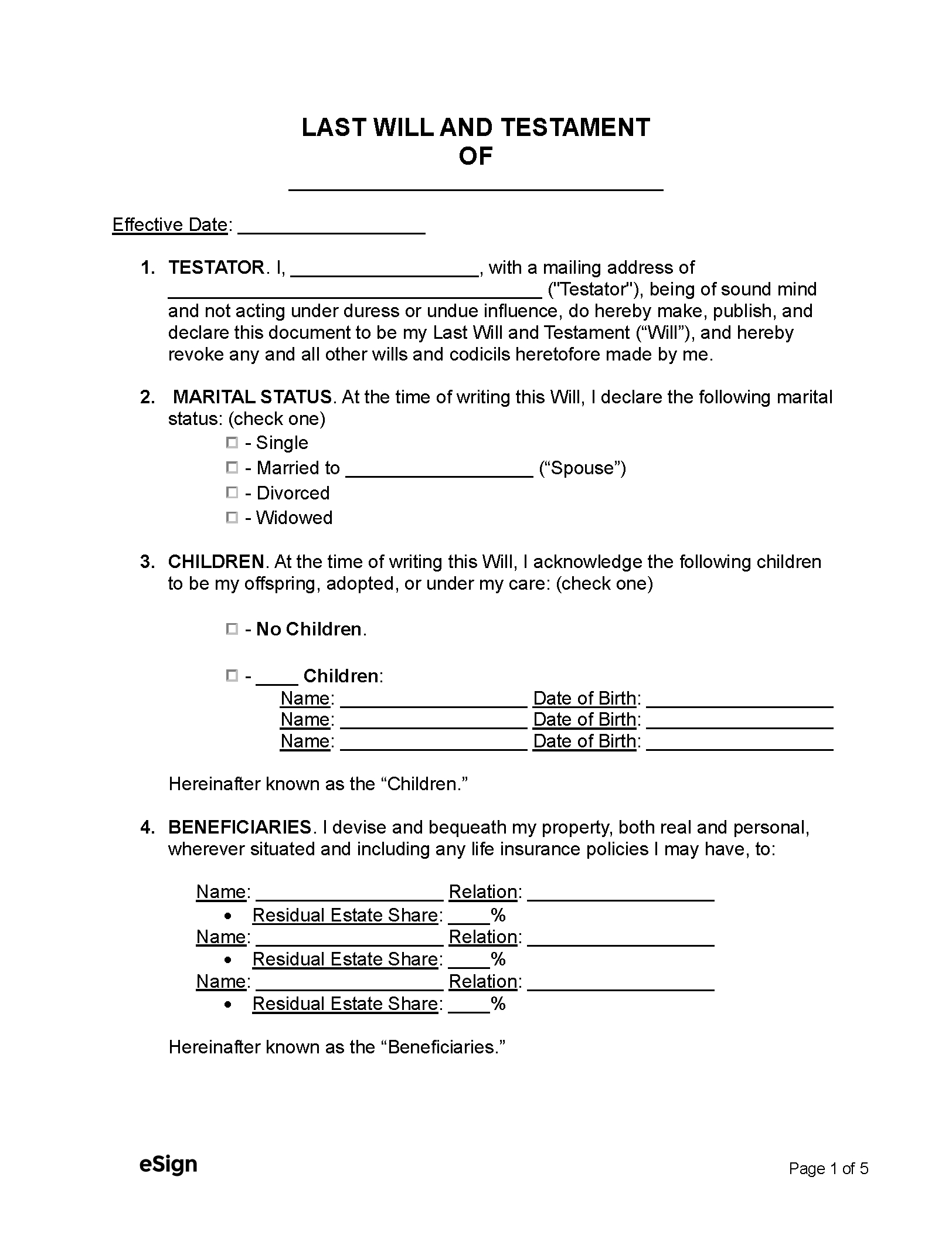 Free Simple (Basic) Last Will And Testament | Pdf | Word with Printable Simple Will For Married Person