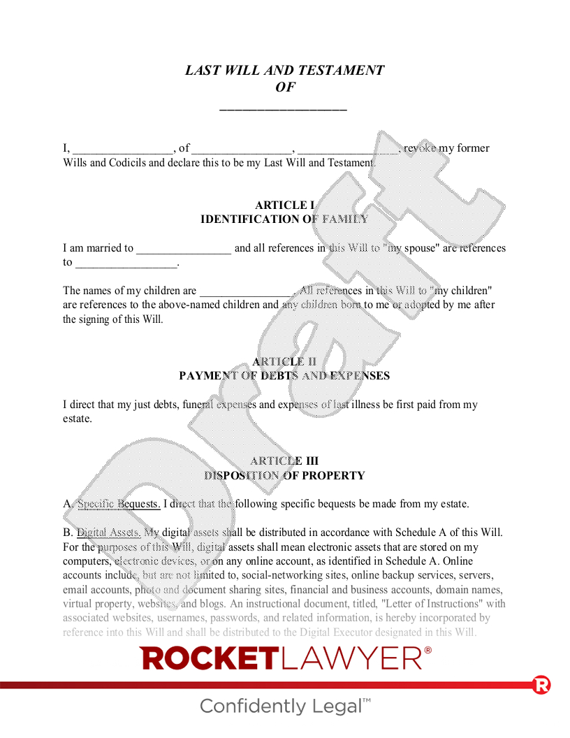 Free Simple Will Template &amp;amp; Faqs - Rocket Lawyer for Printable Simple Will For Single Person