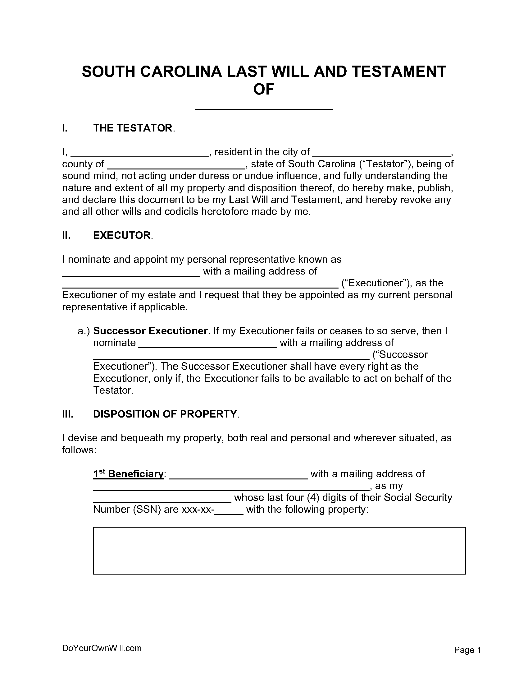 Free South Carolina Last Will And Testament Form | Pdf | Word | Odt inside Printable South Carolina Blank Will Forms
