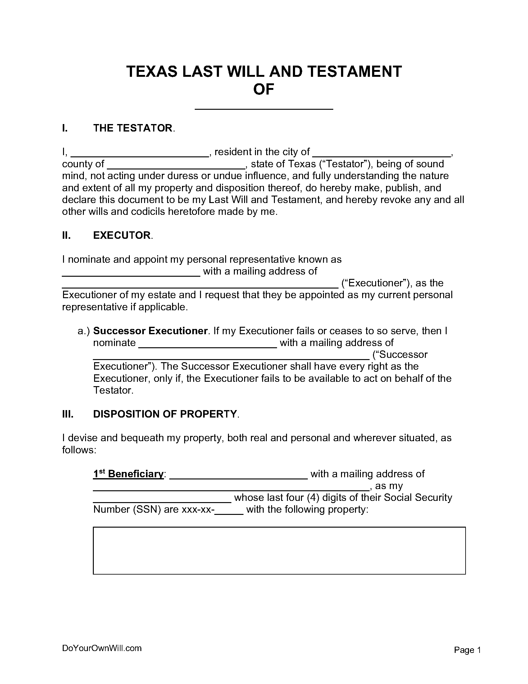 Free Texas Last Will And Testament Form | Pdf | Word | Odt regarding Printable Texas Blank Will Forms