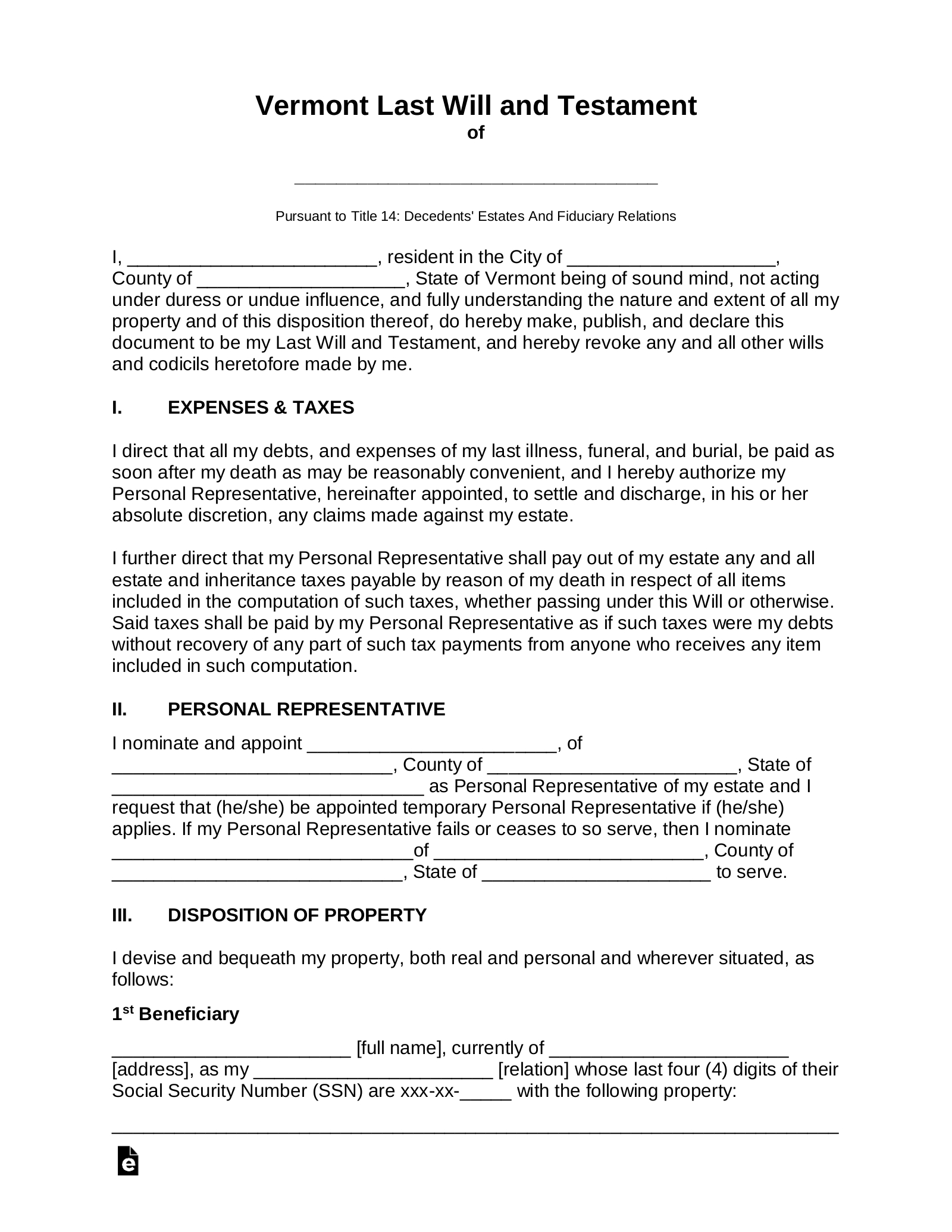 Free Vermont Last Will And Testament Template - Pdf | Word – Eforms intended for Printable Vermont Blank Will Forms