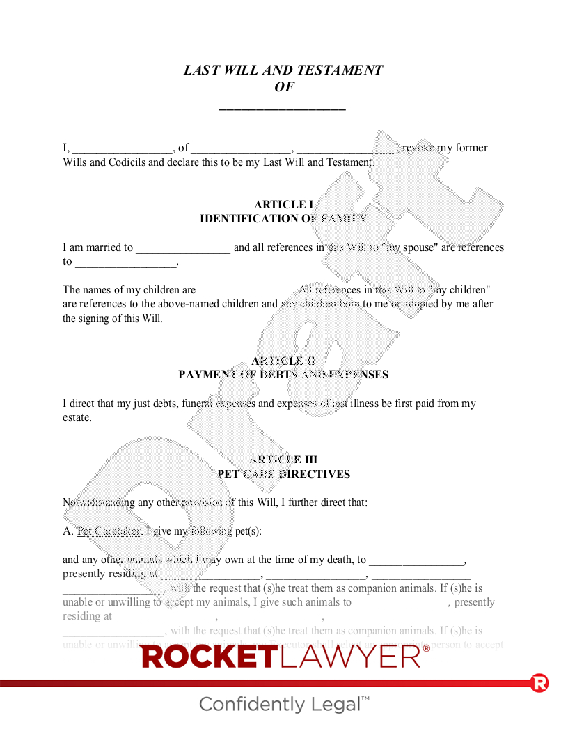 Free Will (W/Minor Children) Template &amp;amp; Faqs - Rocket Lawyer intended for Printable Will For Married Person With Children