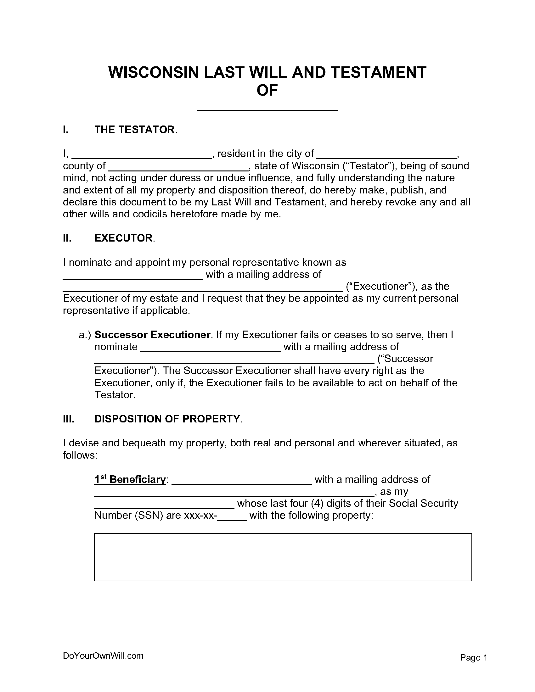 Free Wisconsin Last Will And Testament Form | Pdf | Word | Odt throughout Printable Wisconsin Blank Will Forms