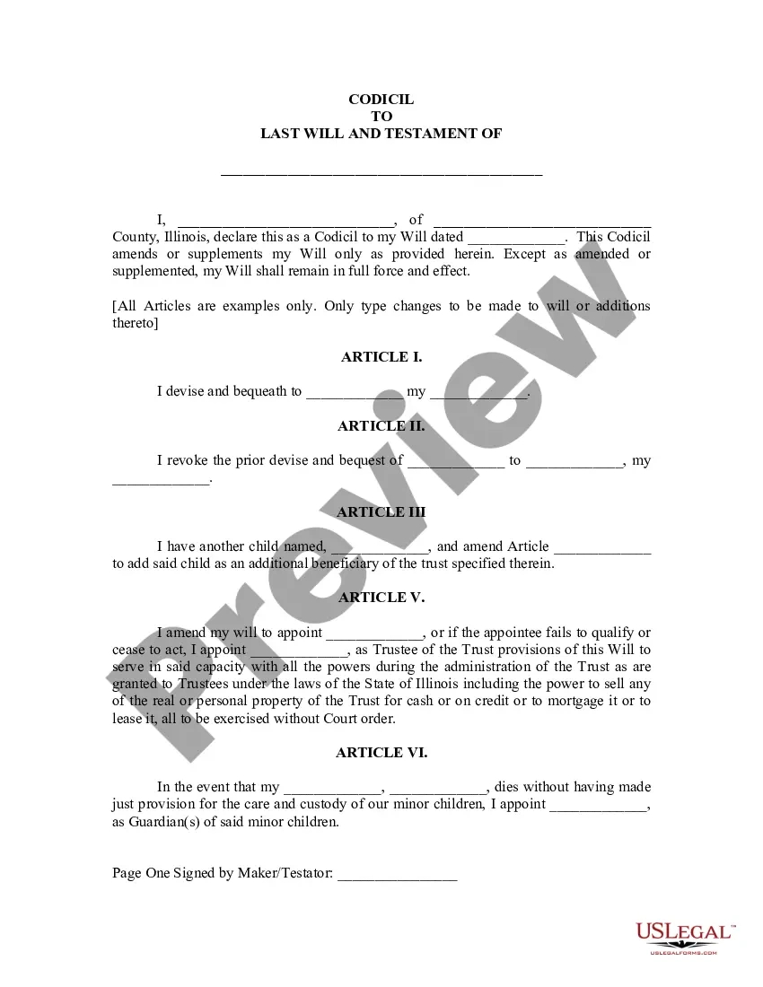 Illinois Codicil To Will Form For Amending Your Will - Last Will in Printable Illinois Blank Will Forms