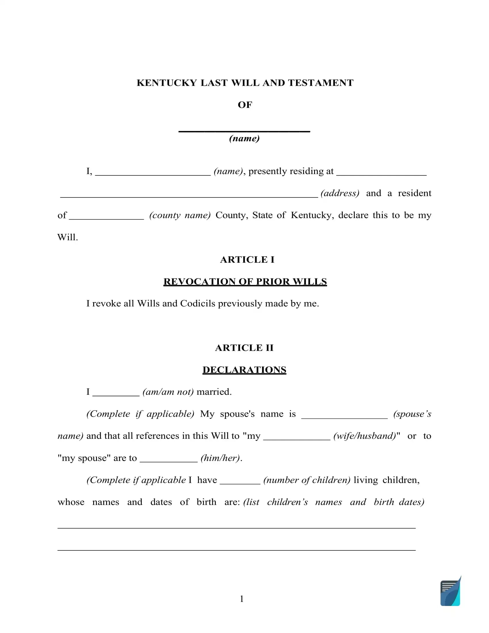 Kentucky Last Will And Testament Form [Pdf And Doc] | Formspal pertaining to Printable Kentucky Blank Will Forms