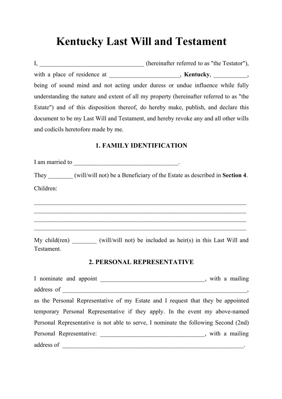 Kentucky Last Will And Testament Template Download Printable Pdf throughout Printable Kentucky Blank Will Forms