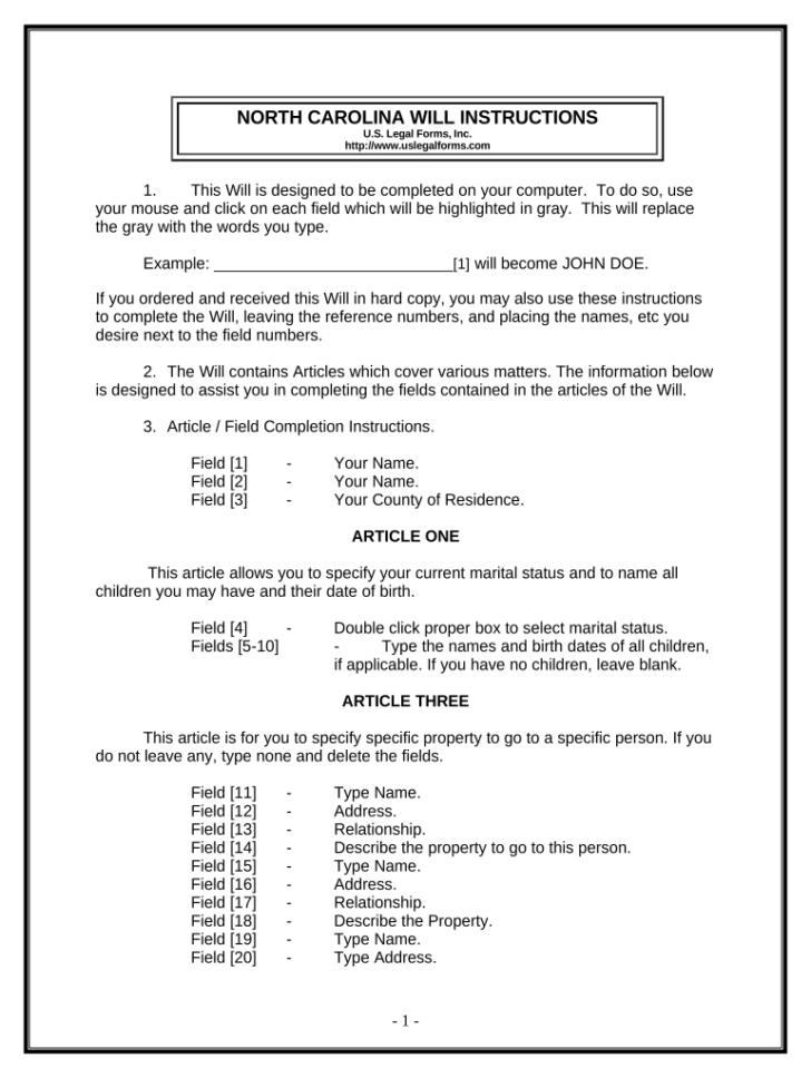 Printable North Carolina Blank Will Forms