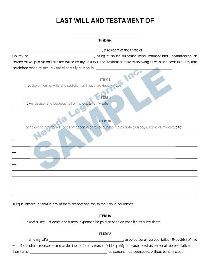 Last Will And Testament | Nevada Legal Forms &amp;amp; Services in Printable Nevada Blank Will Forms